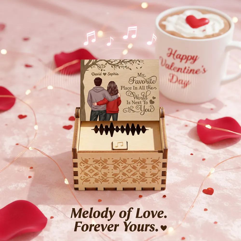 Personalized Wooden Music Box with Couple Hugging Back View Romantic Keepsake Decor A Unique Gift for Him or Her - Image 4