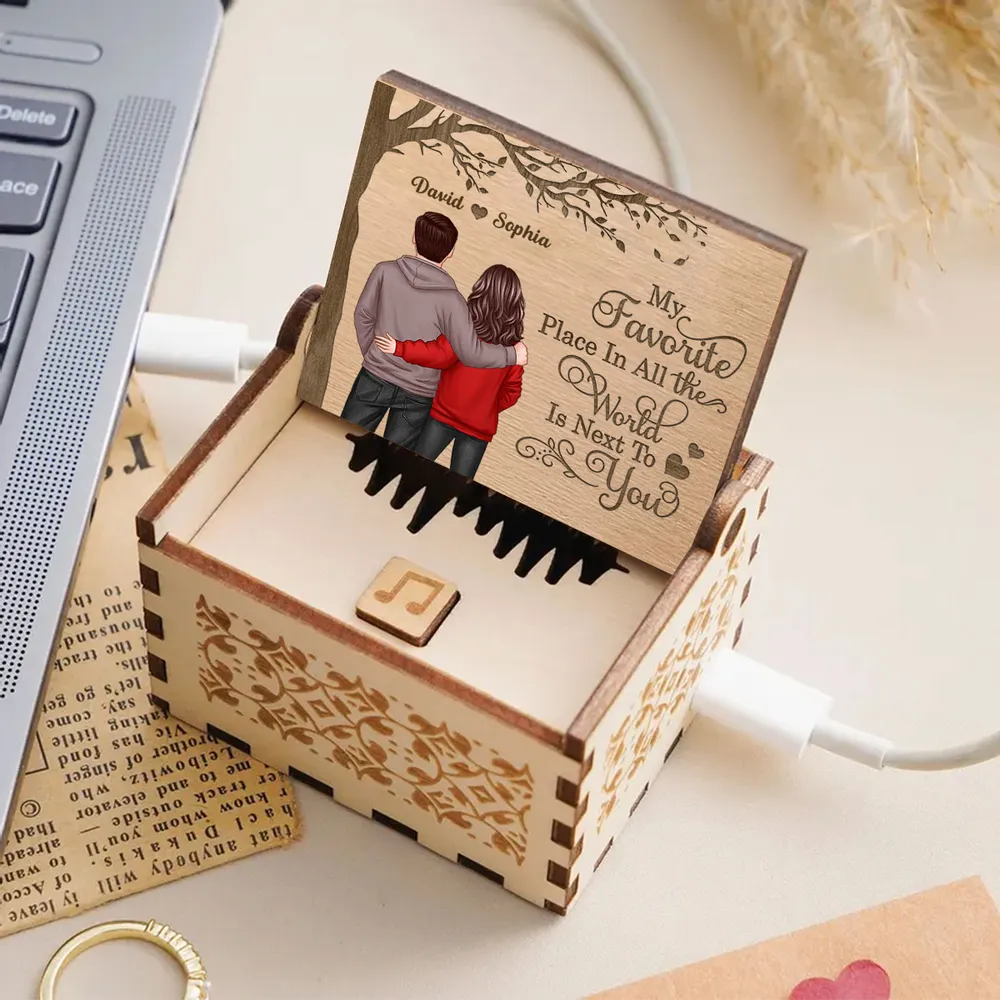 Personalized Wooden Music Box with Couple Hugging Back View Romantic Keepsake Decor A Unique Gift for Him or Her - Image 5