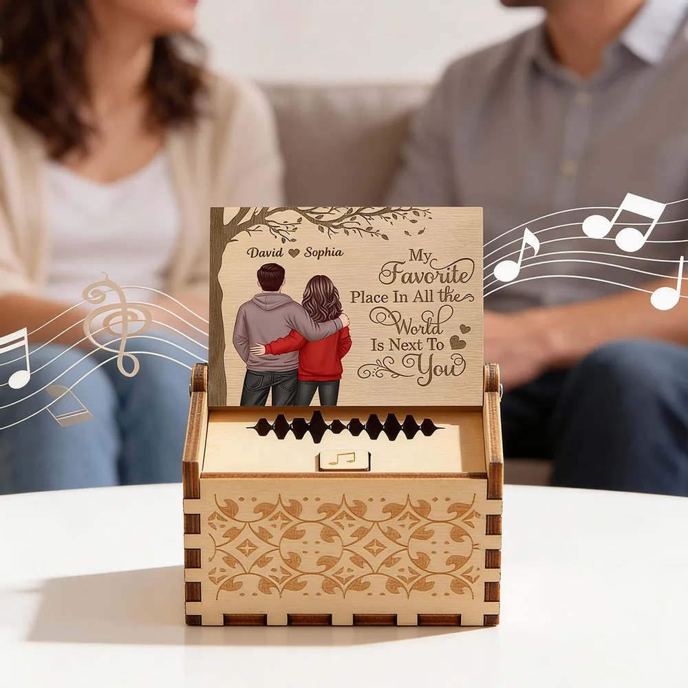 Personalized Wooden Music Box with Couple Hugging Back View Romantic Keepsake Decor A Unique Gift for Him or Her - Image 6