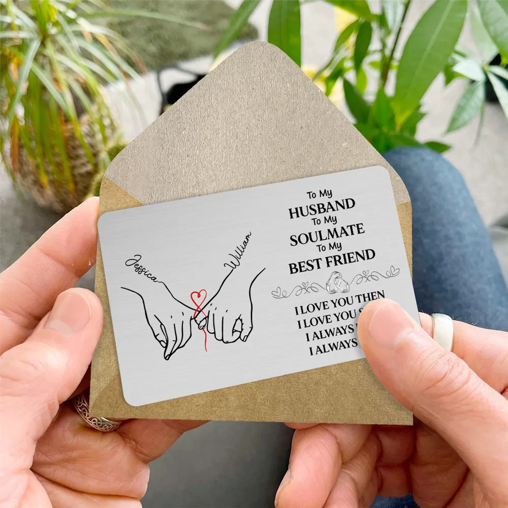 Personalized Metal Wallet Card for Husband, Holding Hands Love Message, Unique Romantic Gift He Carries Every Day - Image 4