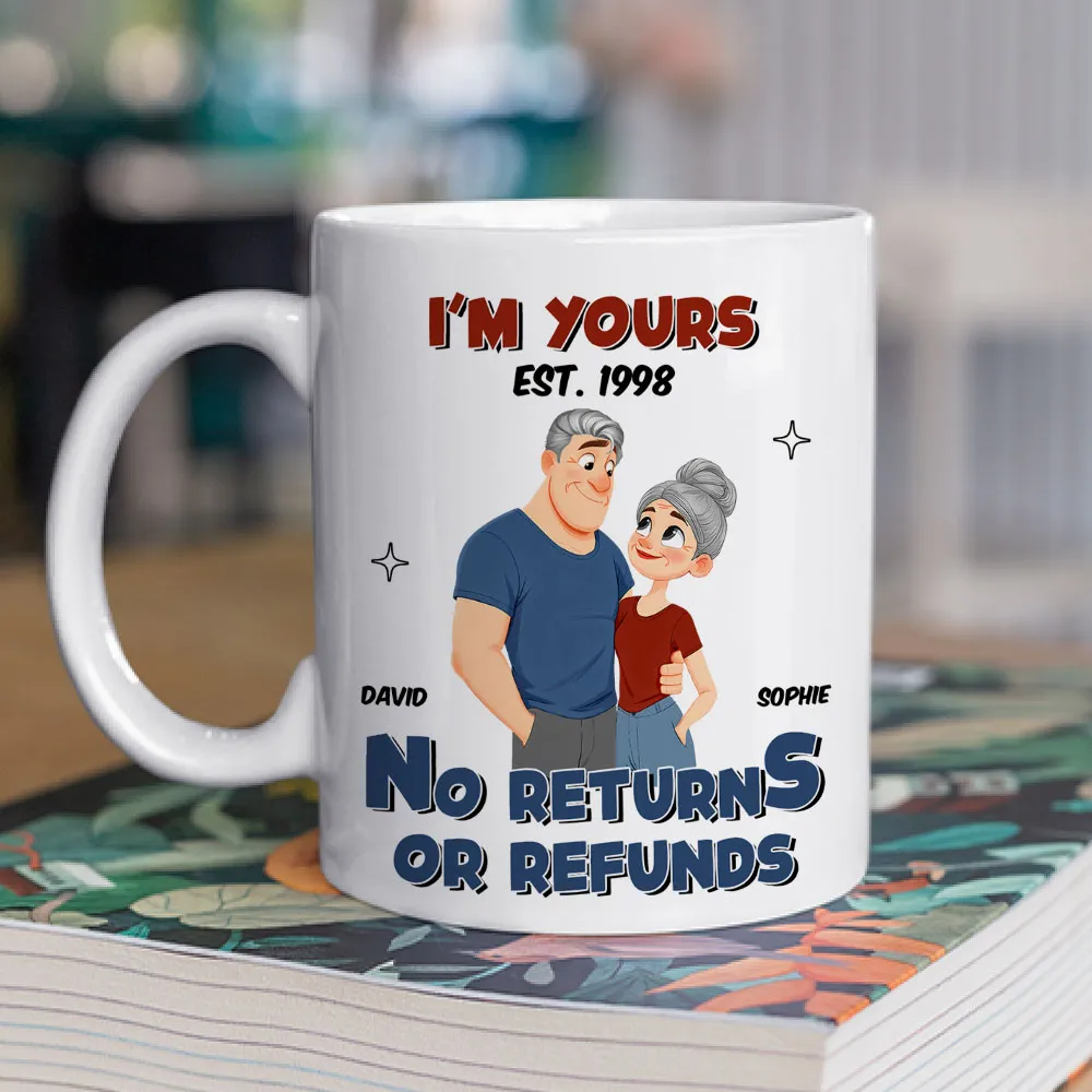 White Ceramic Mug Personalized with Cartoon Couple Hug, Playful No Returns or Refunds Design, Cute Gift for Couples - Image 3