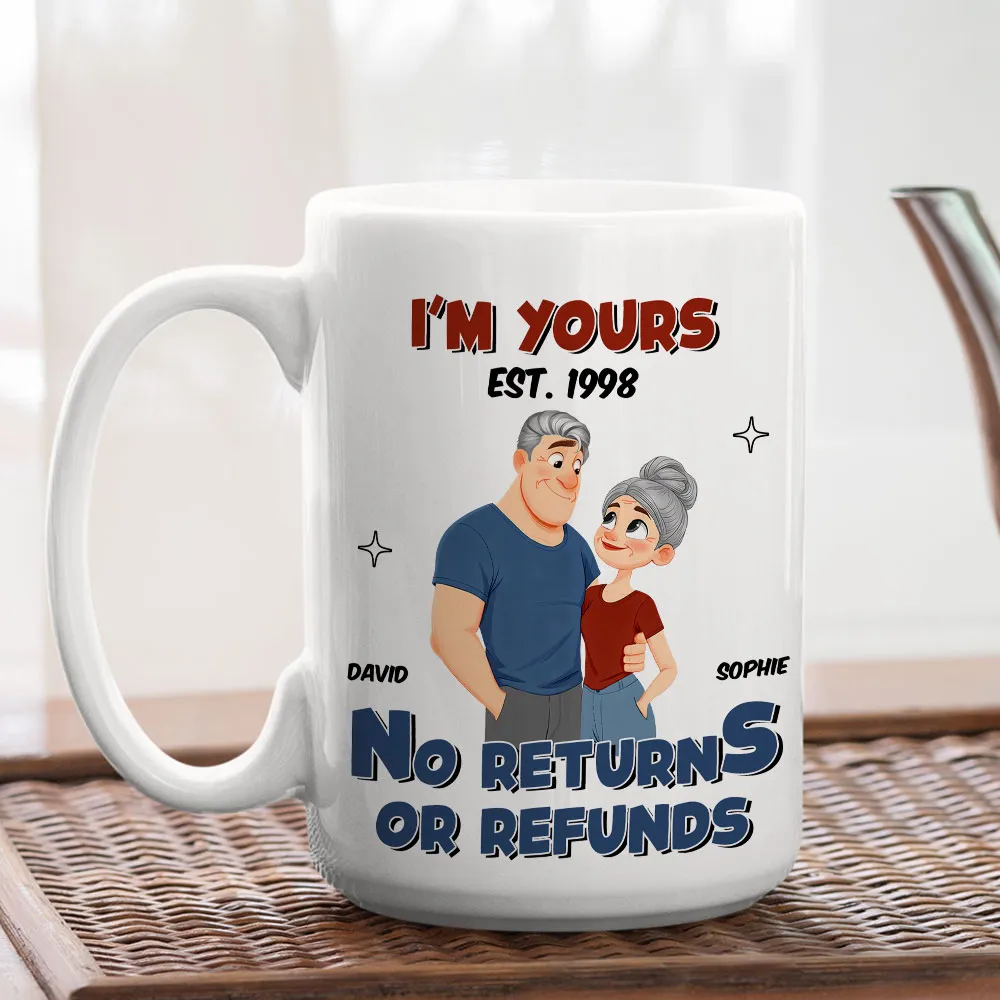 White Ceramic Mug Personalized with Cartoon Couple Hug, Playful No Returns or Refunds Design, Cute Gift for Couples - Image 6