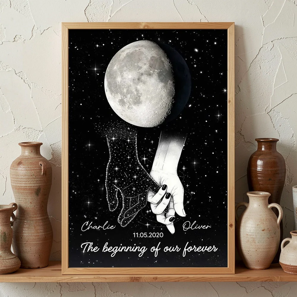 Personalized Moon Phase Couple Holding Hands Poster, Starry Night Wall Art, Unique Romantic Gift for Couple