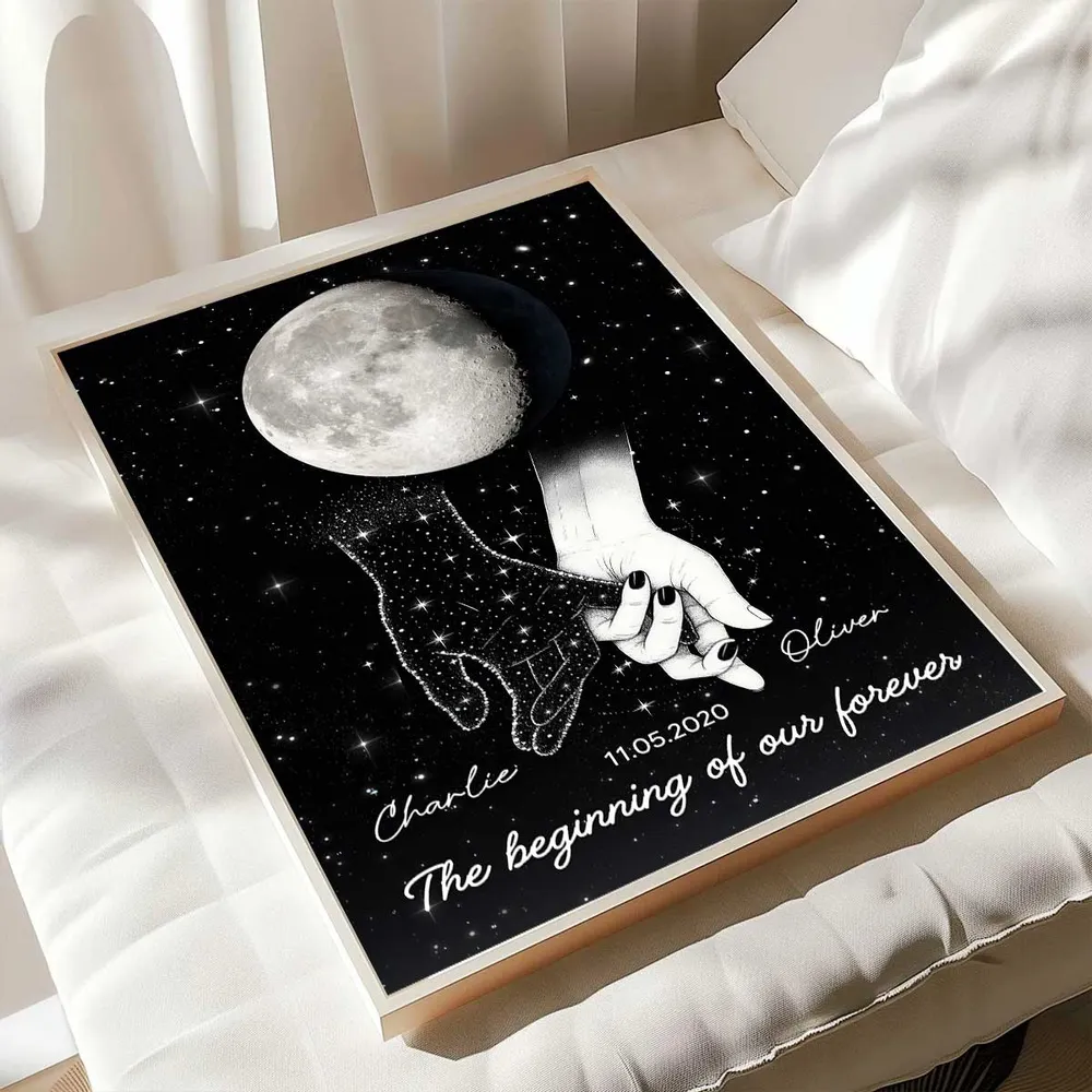 Personalized Moon Phase Couple Holding Hands Poster, Starry Night Wall Art, Unique Romantic Gift for Couple - Image 6