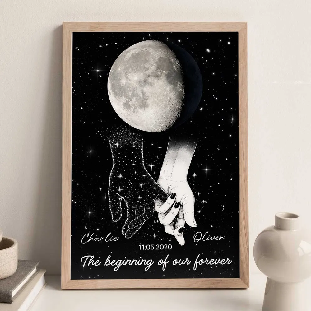 Personalized Moon Phase Couple Holding Hands Poster, Starry Night Wall Art, Unique Romantic Gift for Couple - Image 8