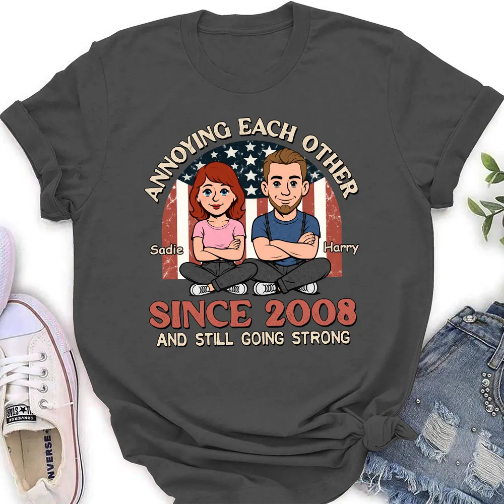 Personalized Classic Tee With Funny Couple Cartoon and USA Flag Backdrop - Unique Anniversary Gift - Image 5