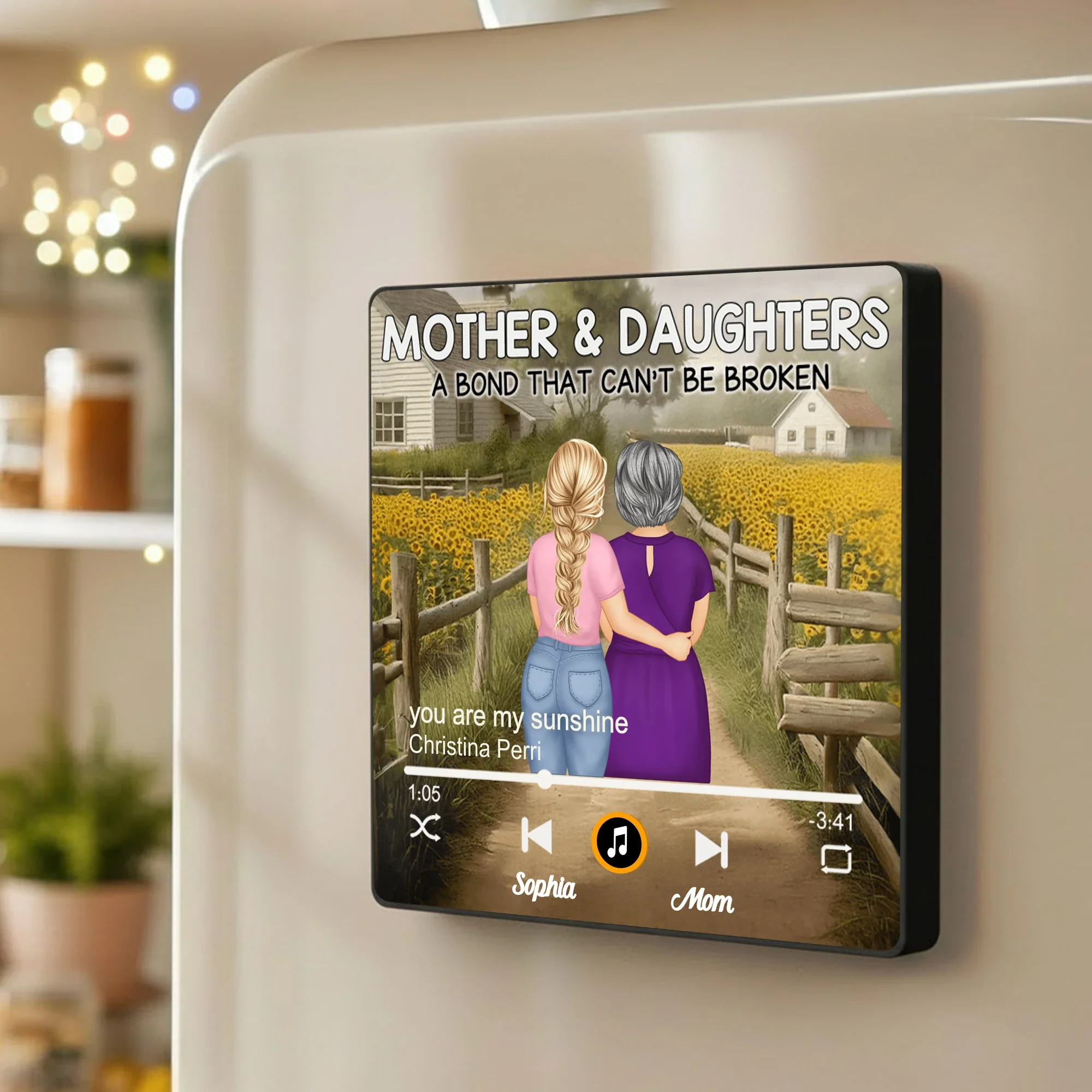 Personalized Acrylic Music Magnet Mother & Daughters Sunflower Field Scene Unique Gift for Mom - A Bond That Can't Be Broken - Image 2