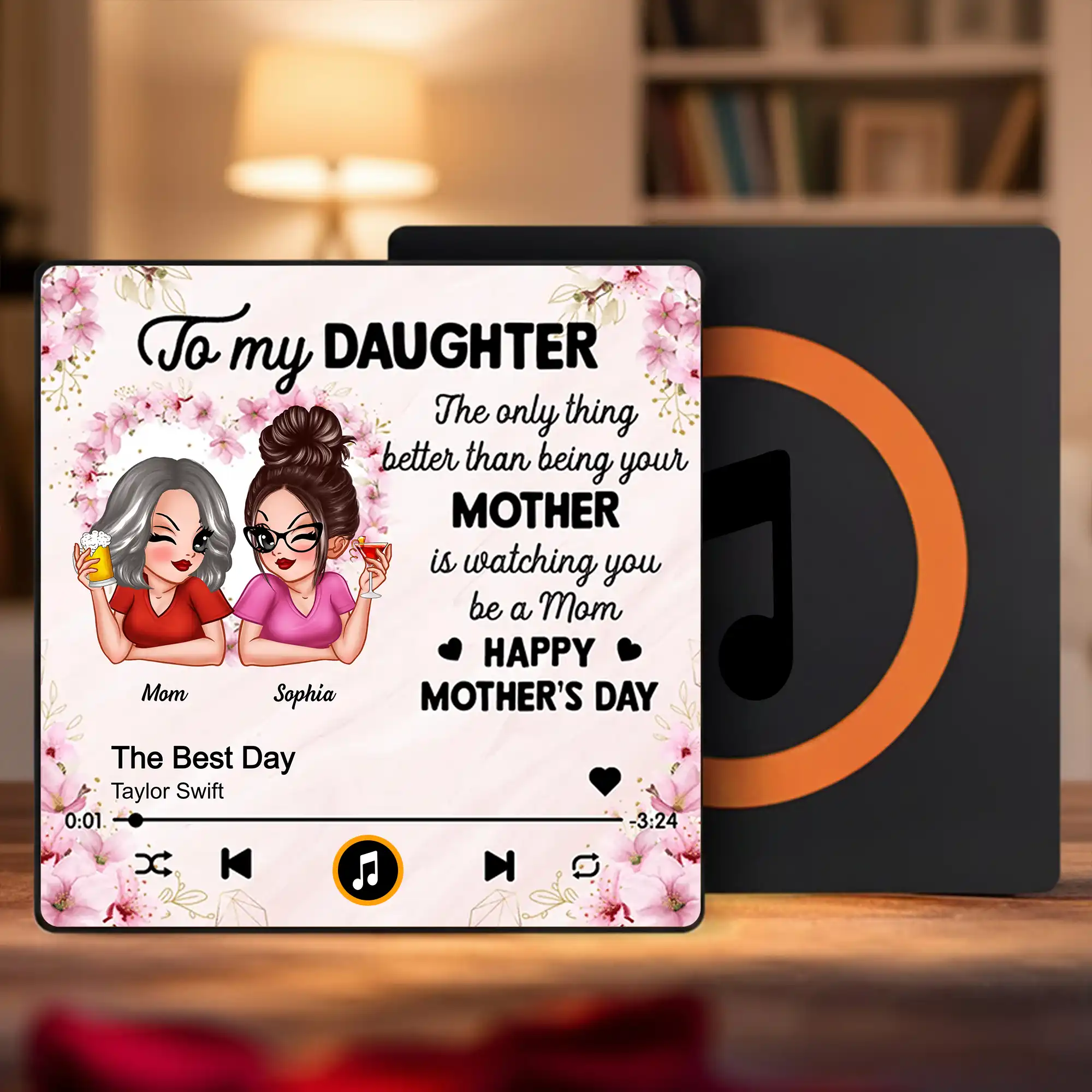 Acrylic Music Magnet For Mom and Daughter, Sweet Mother's Day Message with Floral Notes, Personalized Unique Gift Fridge Decor