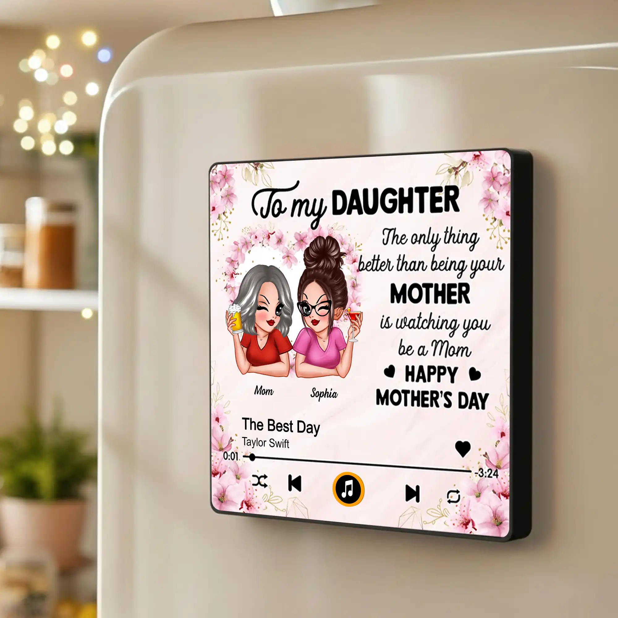 Acrylic Music Magnet For Mom and Daughter, Sweet Mother's Day Message with Floral Notes, Personalized Unique Gift Fridge Decor - Image 2