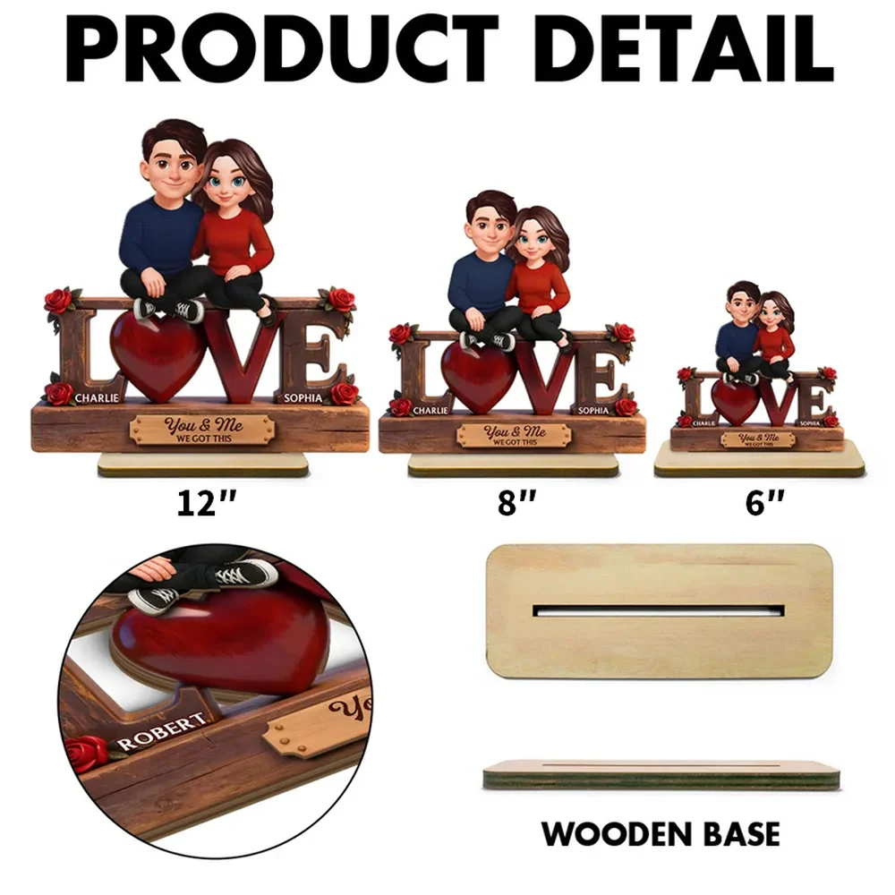 2-Layer Wooden Plaque with Cute Couple on LOVE Sign and Red Heart, Personalized Keepsake for Your Favorite Person - Image 8