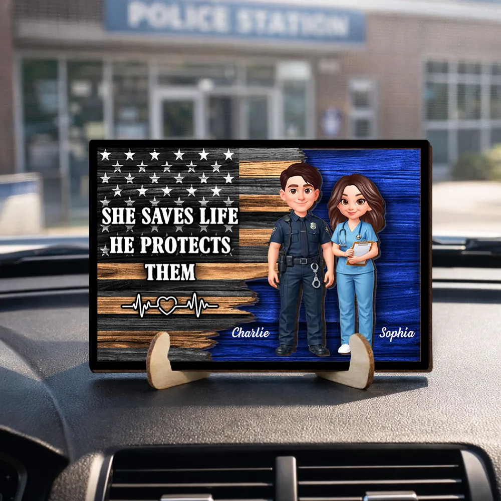 Personalized 2-Layer Wooden Plaque with Cute Cartoon Police Officer & Nurse on Thin Blue Line Flag - Unique Gift for Couples - Image 3