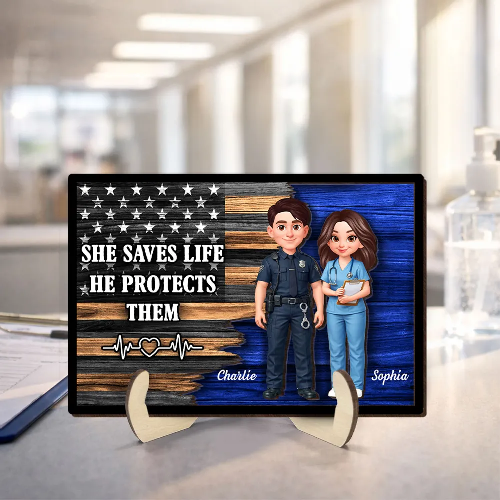 Personalized 2-Layer Wooden Plaque with Cute Cartoon Police Officer & Nurse on Thin Blue Line Flag - Unique Gift for Couples - Image 4