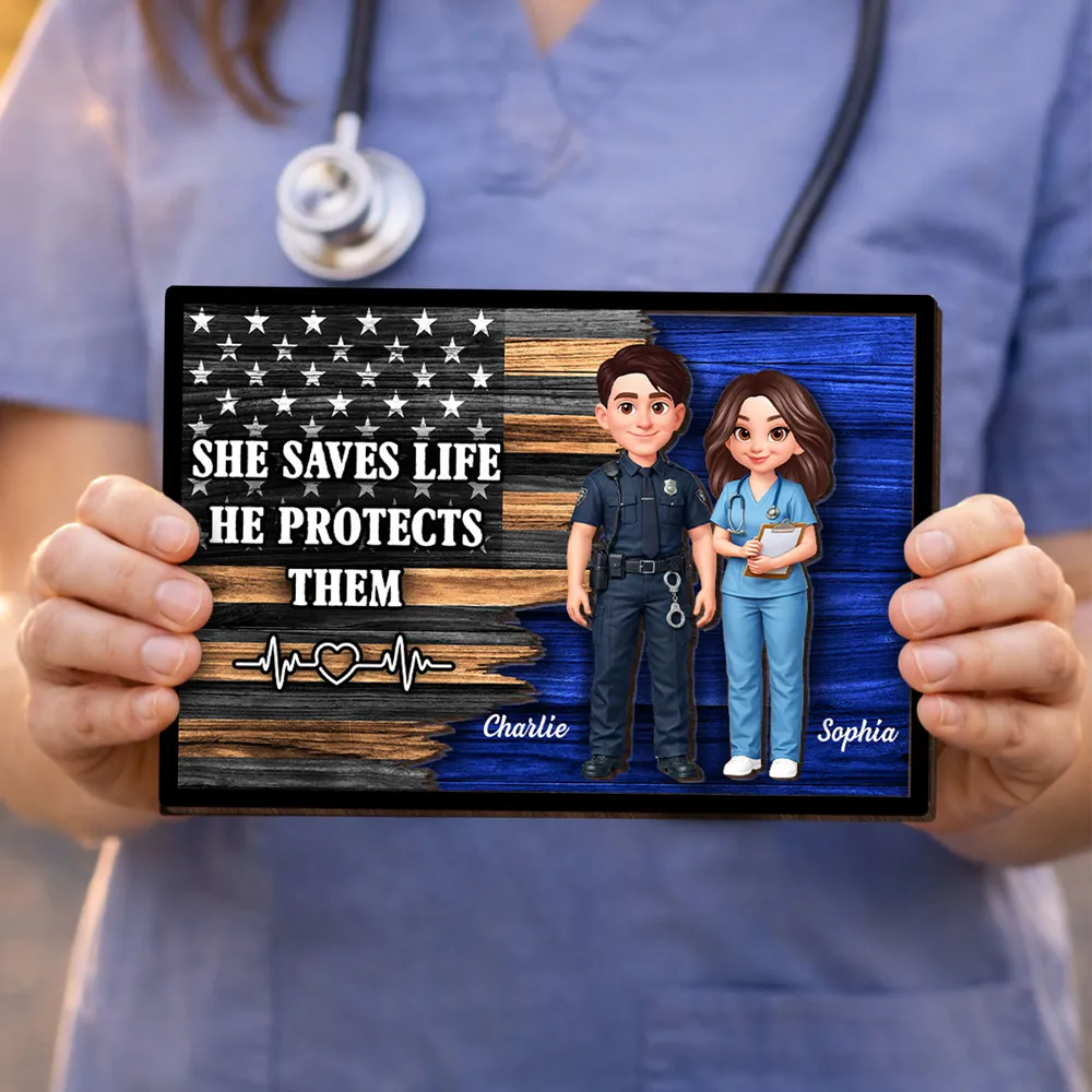 Personalized 2-Layer Wooden Plaque with Cute Cartoon Police Officer & Nurse on Thin Blue Line Flag - Unique Gift for Couples - Image 6