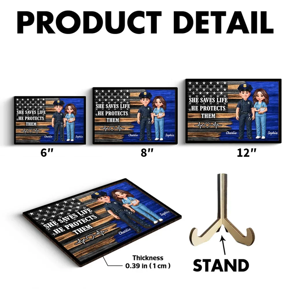 Personalized 2-Layer Wooden Plaque with Cute Cartoon Police Officer & Nurse on Thin Blue Line Flag - Unique Gift for Couples - Image 7