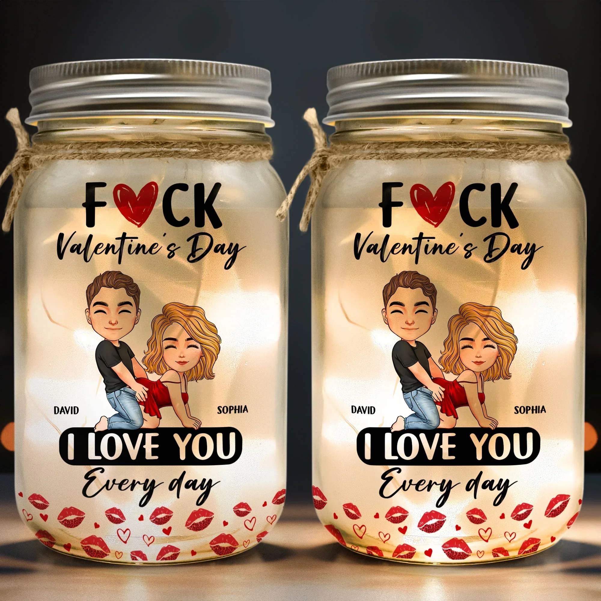Personalized Glass Mason Jar Light Funny Valentine's Day Couple Cartoon Warm Glow Unique Gift for Girlfriend or Wife - Image 2