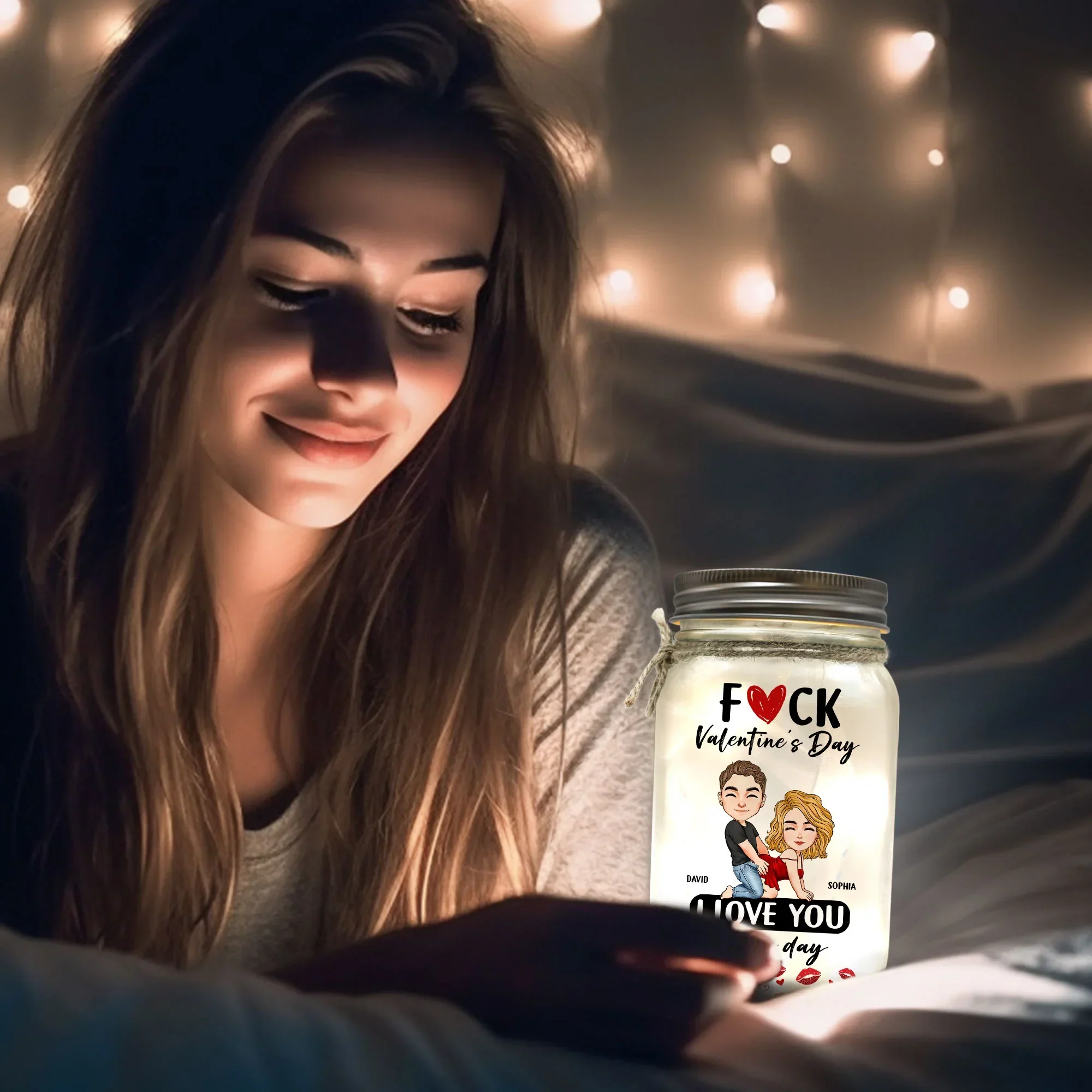 Personalized Glass Mason Jar Light Funny Valentine's Day Couple Cartoon Warm Glow Unique Gift for Girlfriend or Wife - Image 3