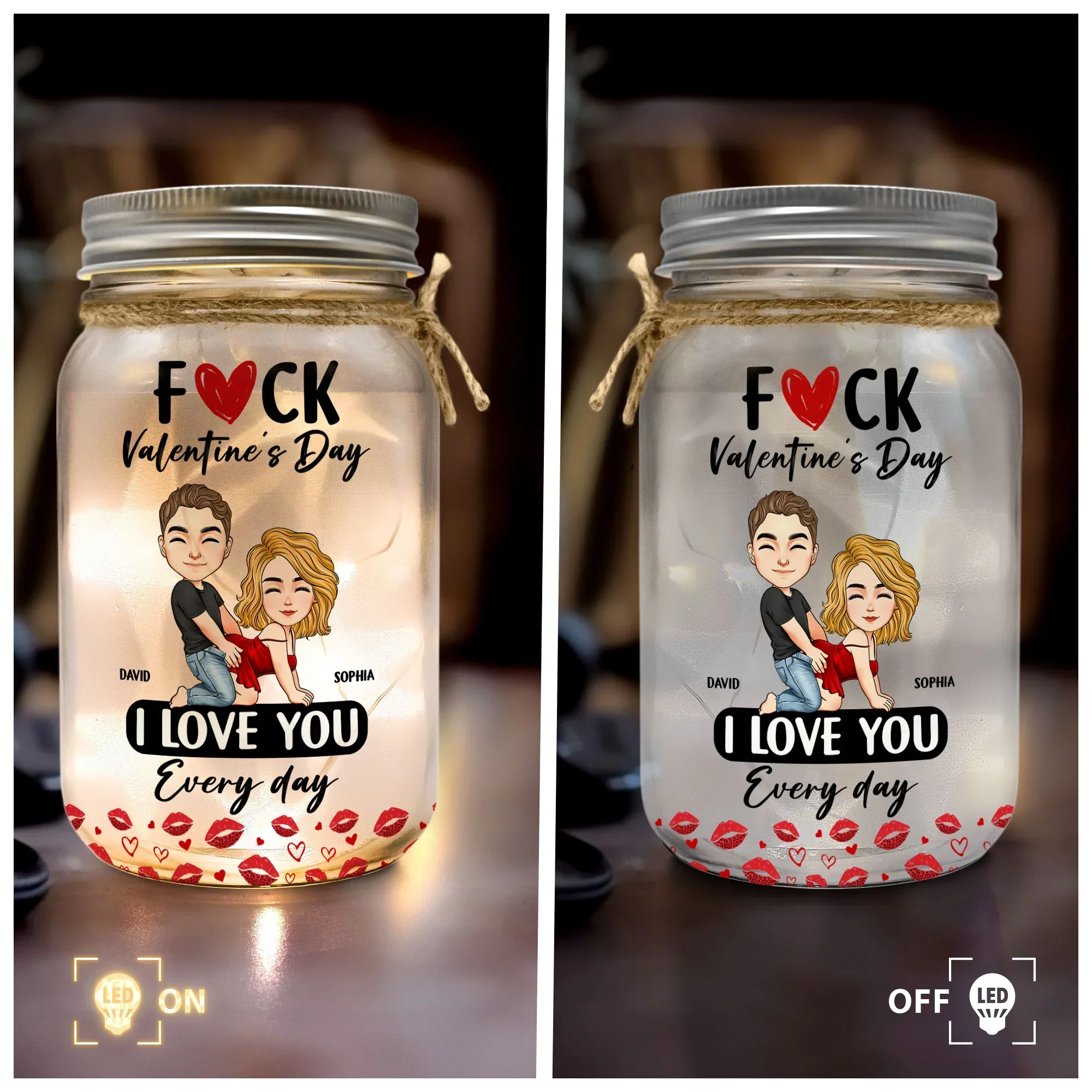 Personalized Glass Mason Jar Light Funny Valentine's Day Couple Cartoon Warm Glow Unique Gift for Girlfriend or Wife - Image 4