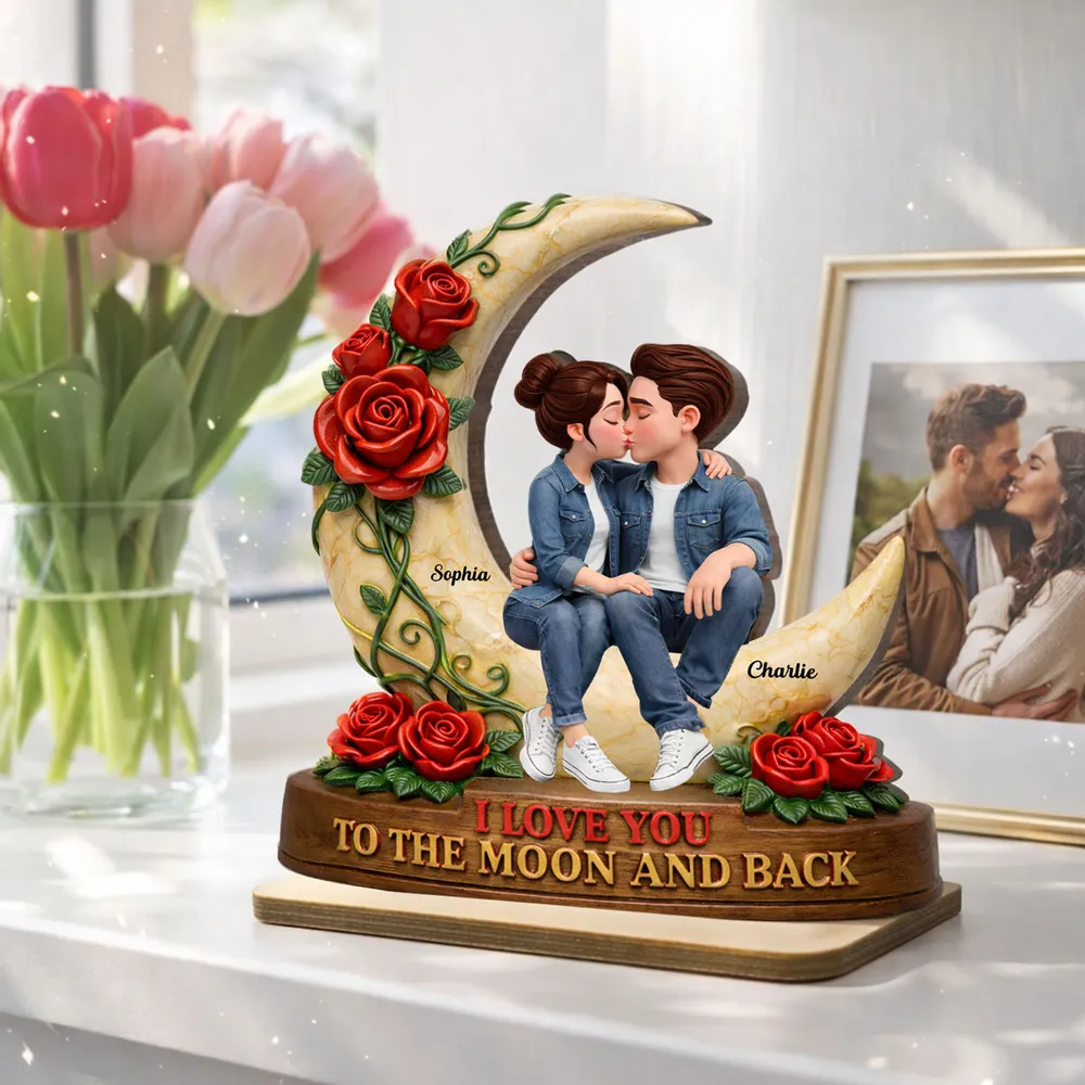 Personalized 2-Layer Wooden Plaque Kissing Couple on Crescent Moon Romantic Unique Gift for Wife or Girlfriend - Image 6