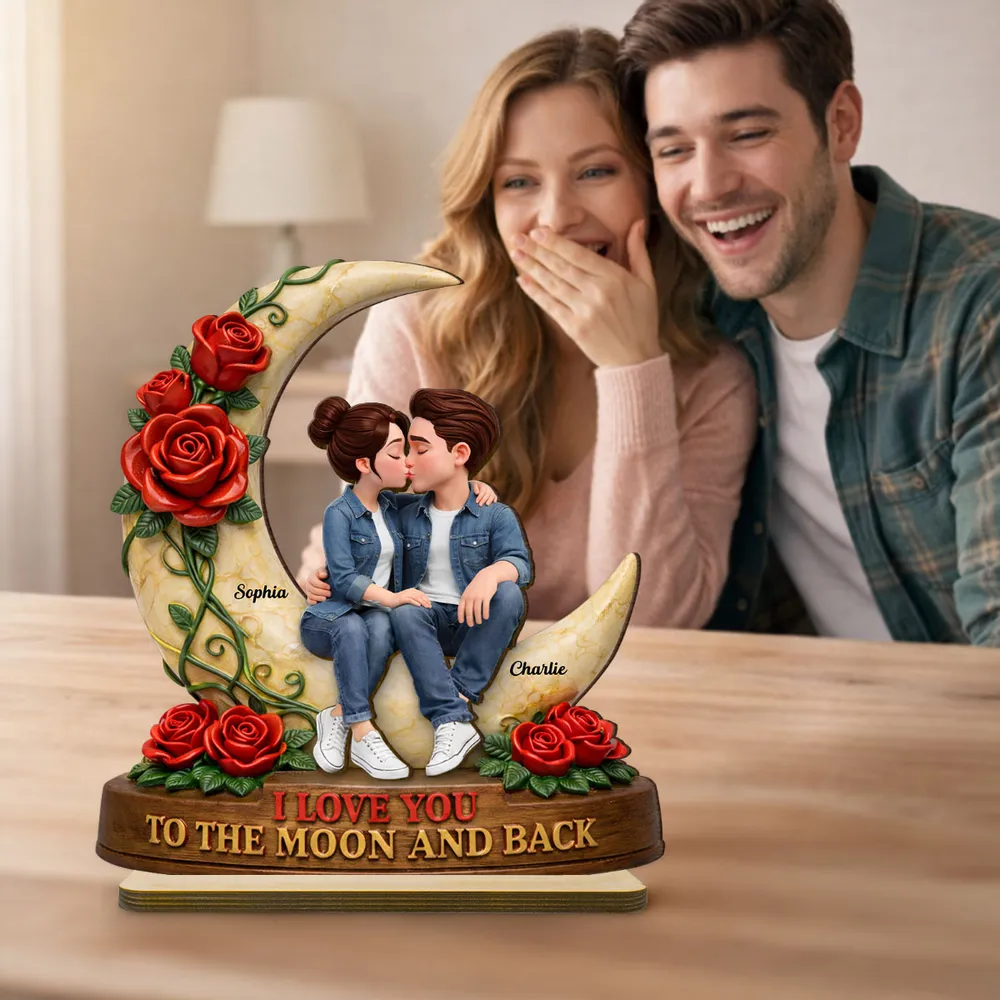 Personalized 2-Layer Wooden Plaque Kissing Couple on Crescent Moon Romantic Unique Gift for Wife or Girlfriend - Image 7