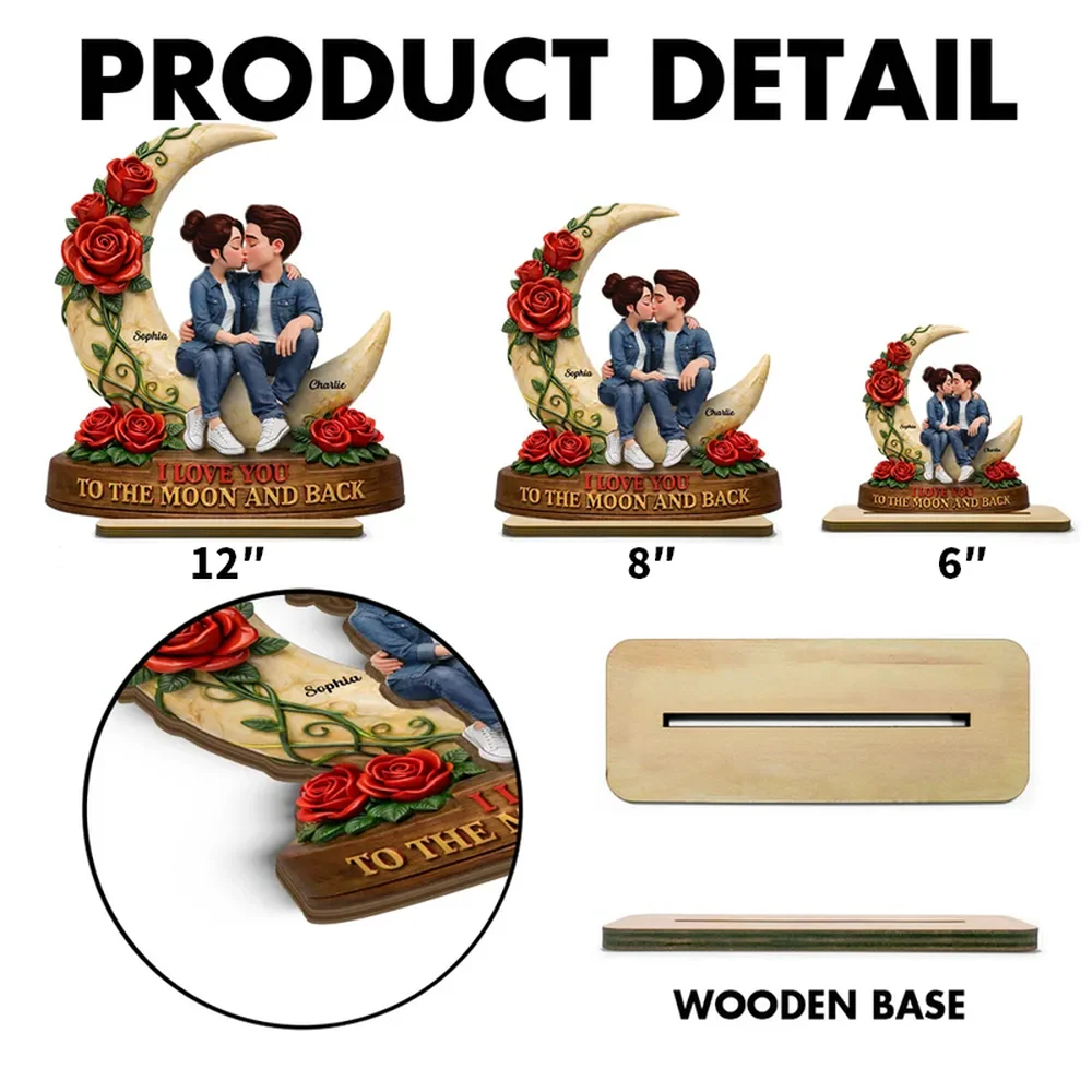 Personalized 2-Layer Wooden Plaque Kissing Couple on Crescent Moon Romantic Unique Gift for Wife or Girlfriend - Image 8