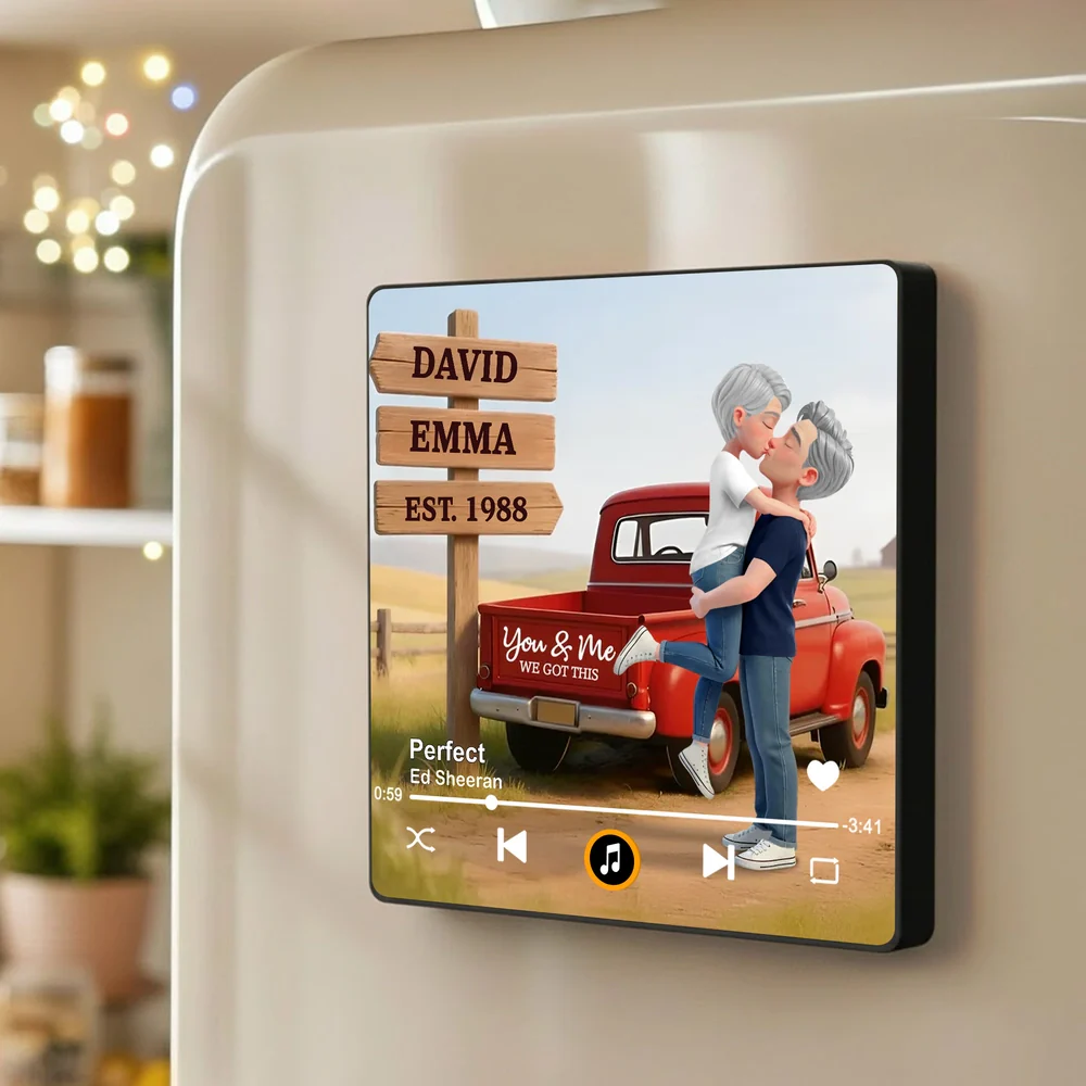 Acrylic Music Magnet Personalized Couple Kissing by Red Pickup Truck Fridge Decor Unique Romantic Gift - Image 2