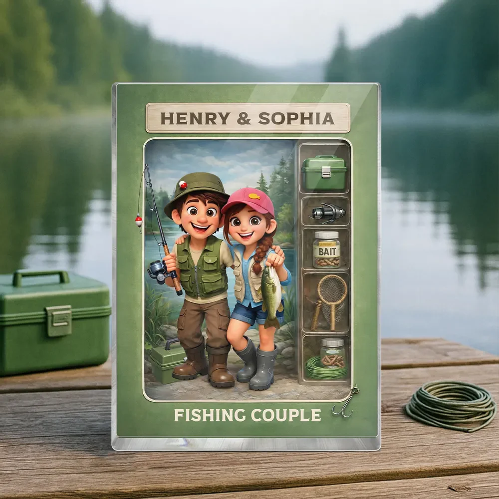 Personalized Rectangle Acrylic Block Plaque Fishing Couple Cartoon Keepsake for Lake-Loving Partners, Unique Creative Gift - Image 2