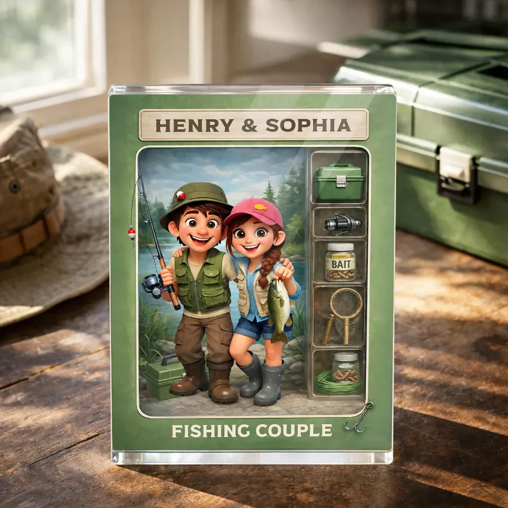 Personalized Rectangle Acrylic Block Plaque Fishing Couple Cartoon Keepsake for Lake-Loving Partners, Unique Creative Gift - Image 3