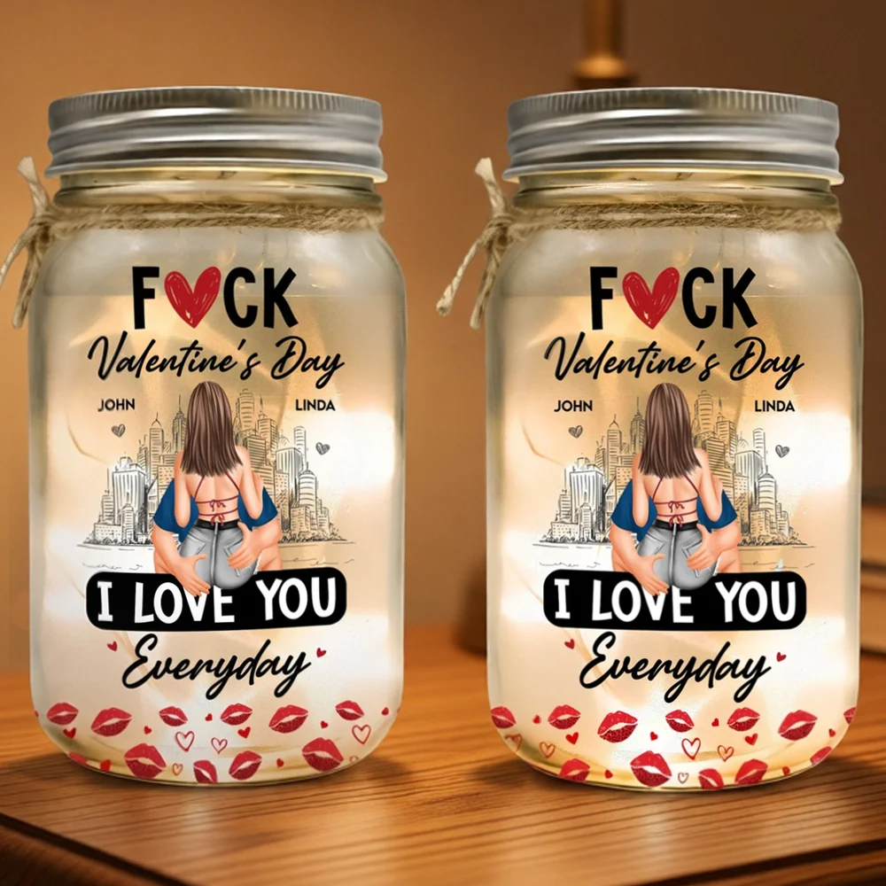 Personalized Glass Mason Jar Light With Cheeky Love Quote, City Skyline Hugging Couple Back View, Unique Gift For Couples