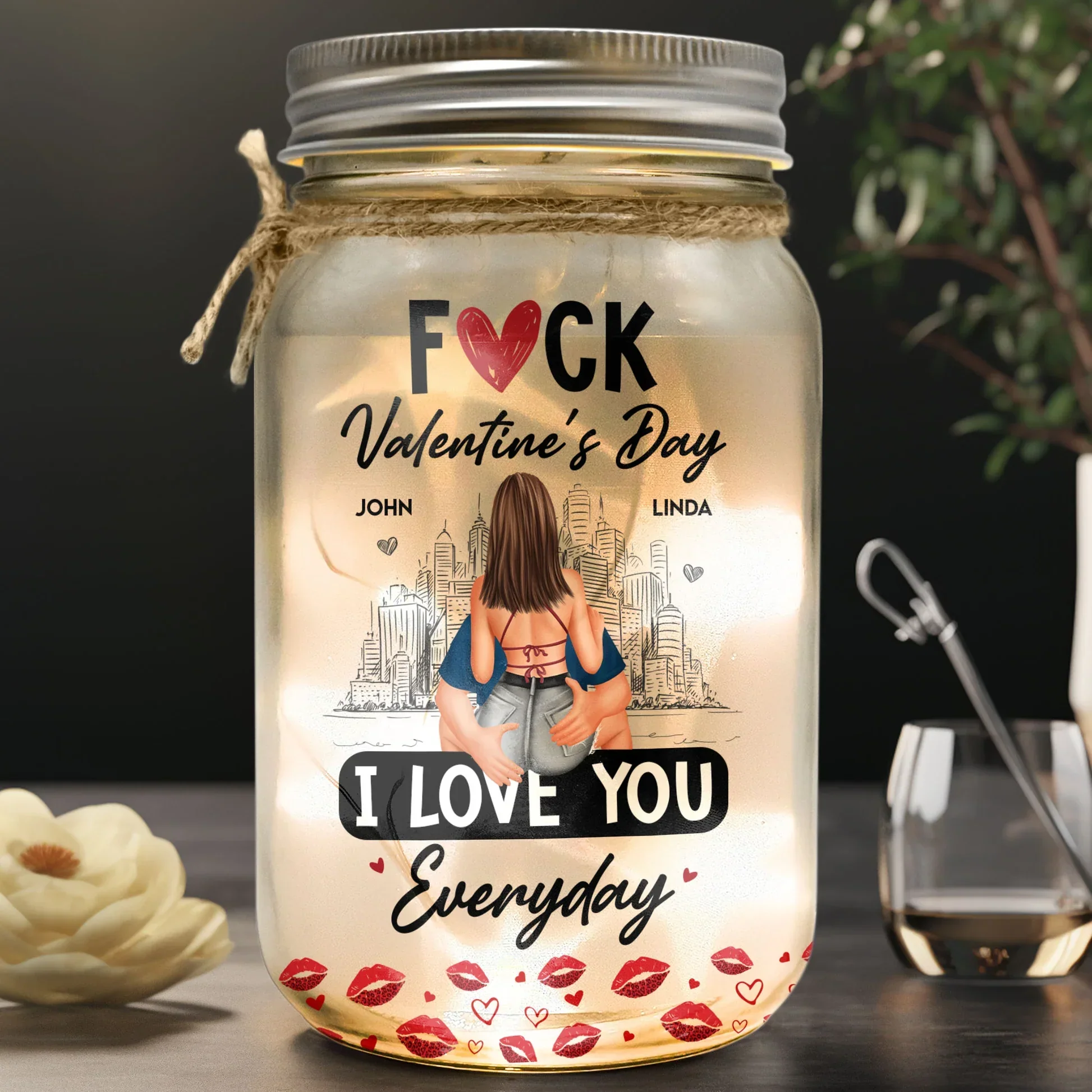 Personalized Glass Mason Jar Light With Cheeky Love Quote, City Skyline Hugging Couple Back View, Unique Gift For Couples - Image 2