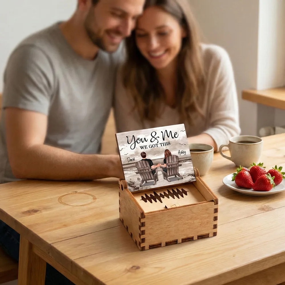 Personalized Wooden Music Box with Beach Couple Sitting in Chairs, You & Me Quote, Unique Romantic Gift for Couple - Image 2