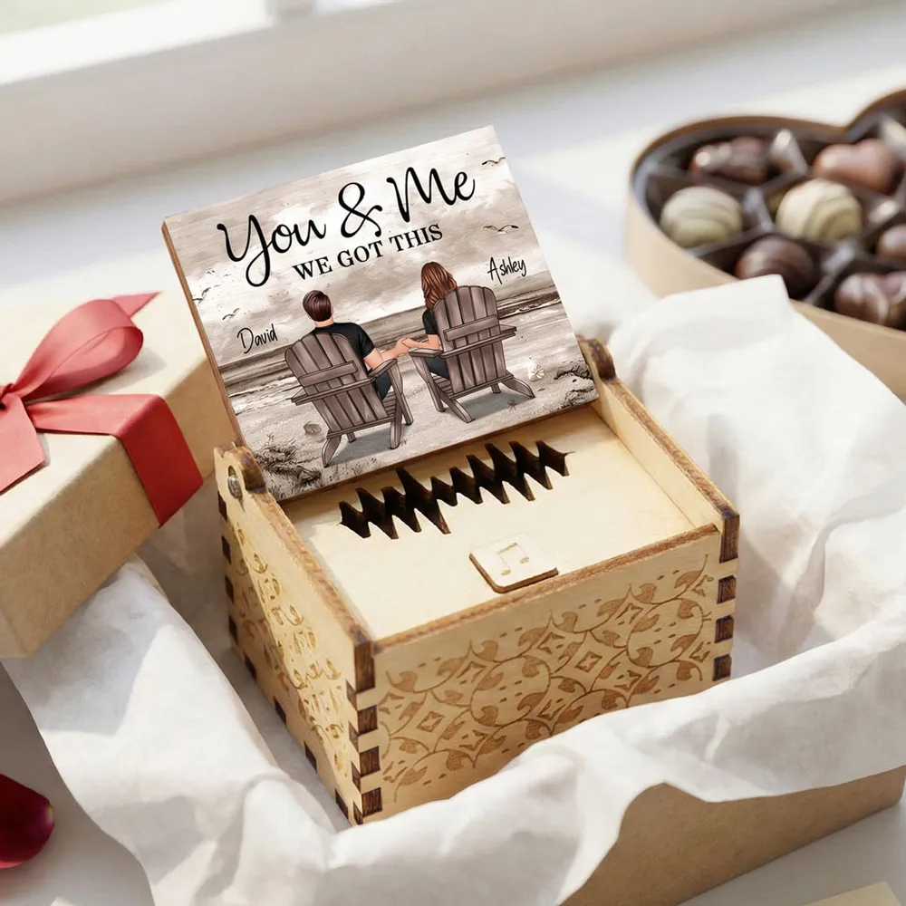 Personalized Wooden Music Box with Beach Couple Sitting in Chairs, You & Me Quote, Unique Romantic Gift for Couple - Image 3