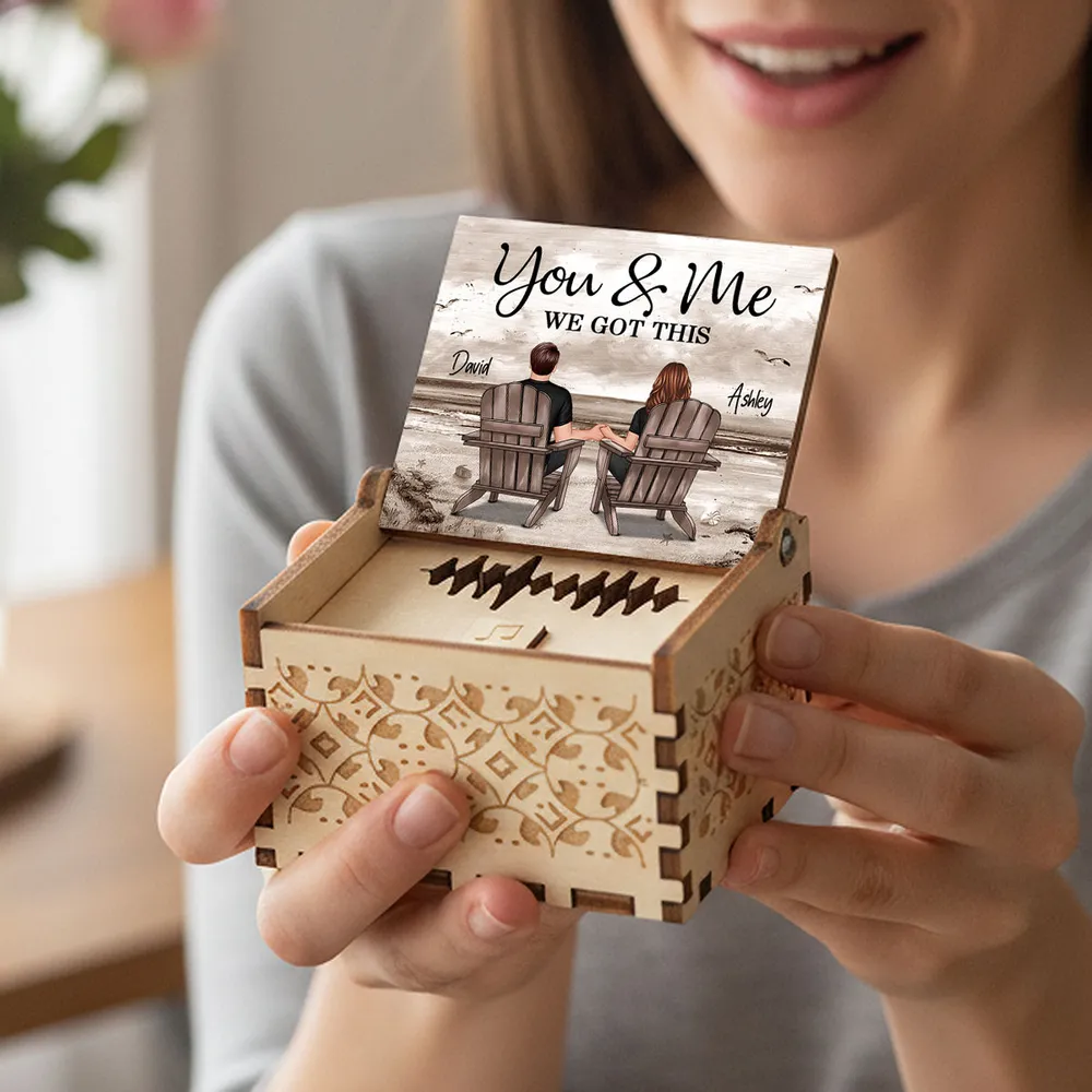 Personalized Wooden Music Box with Beach Couple Sitting in Chairs, You & Me Quote, Unique Romantic Gift for Couple - Image 8