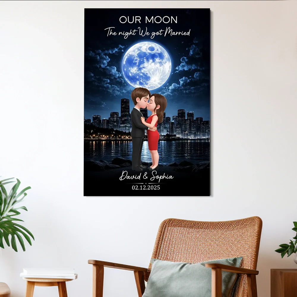 Our Moon Romantic Poster with Kissing Couple by the City Skyline, Personalized Keepsake Wall Art, Unique Wedding Gift - Image 2