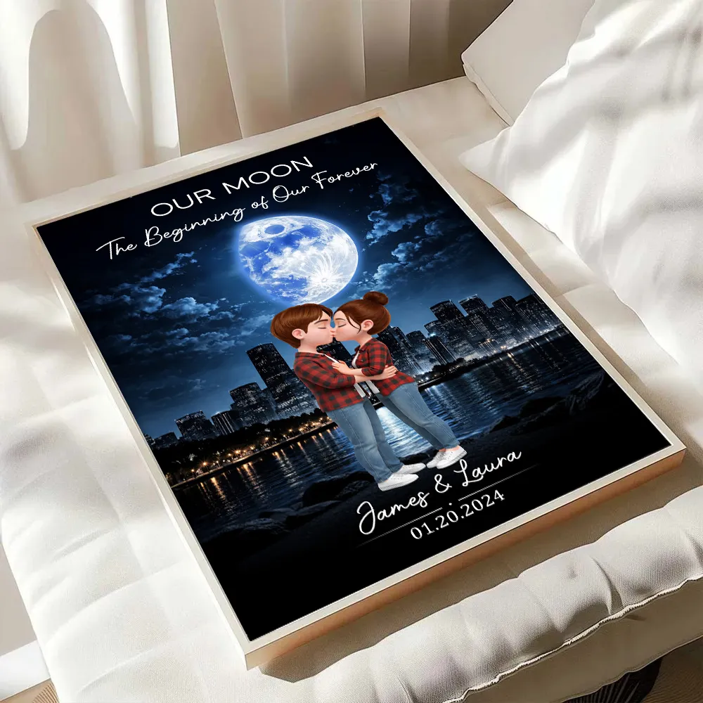 Our Moon Romantic Poster with Kissing Couple by the City Skyline, Personalized Keepsake Wall Art, Unique Wedding Gift - Image 6