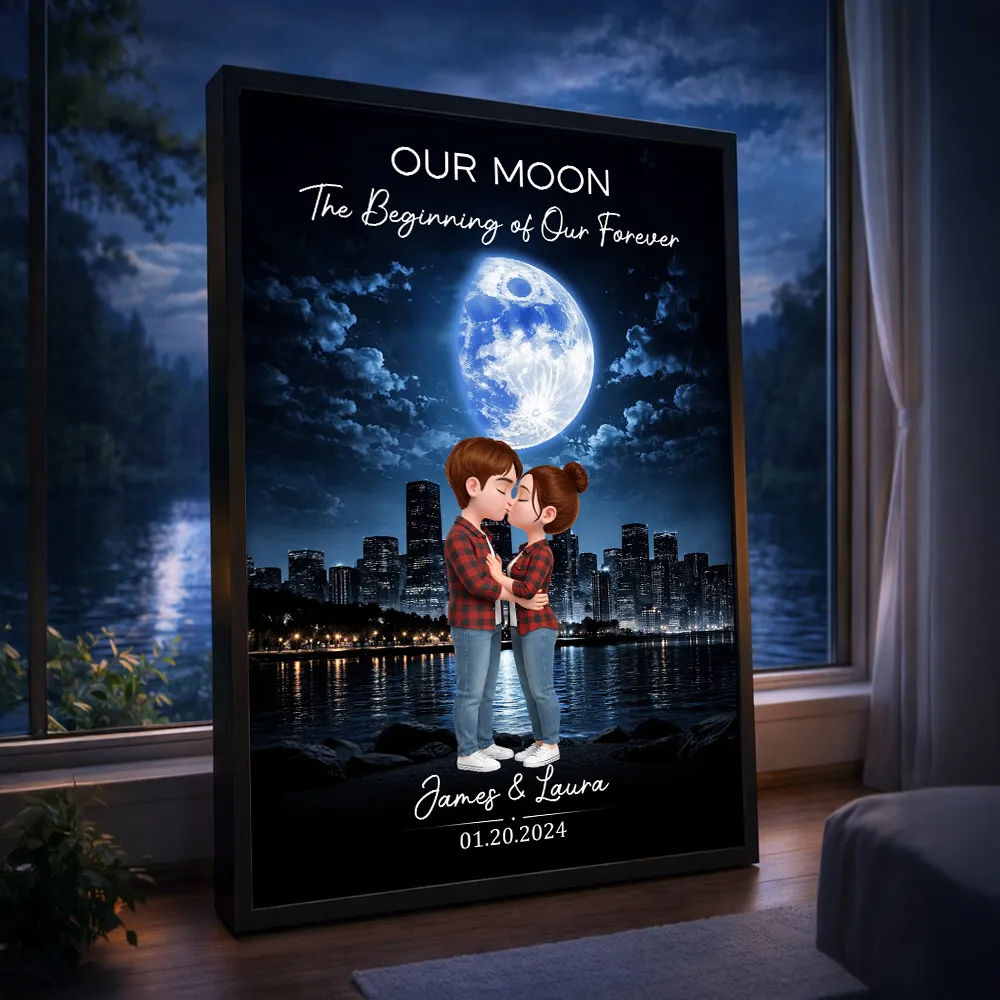 Our Moon Romantic Poster with Kissing Couple by the City Skyline, Personalized Keepsake Wall Art, Unique Wedding Gift - Image 7