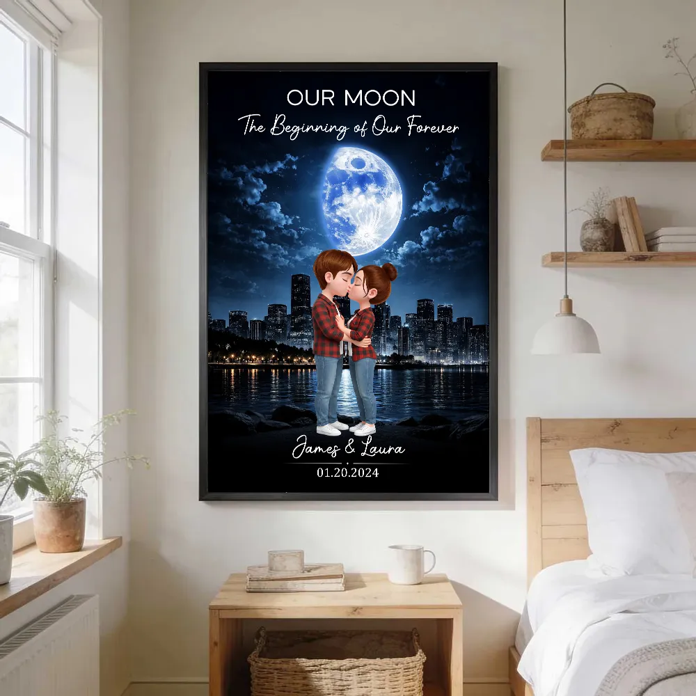 Our Moon Romantic Poster with Kissing Couple by the City Skyline, Personalized Keepsake Wall Art, Unique Wedding Gift - Image 8