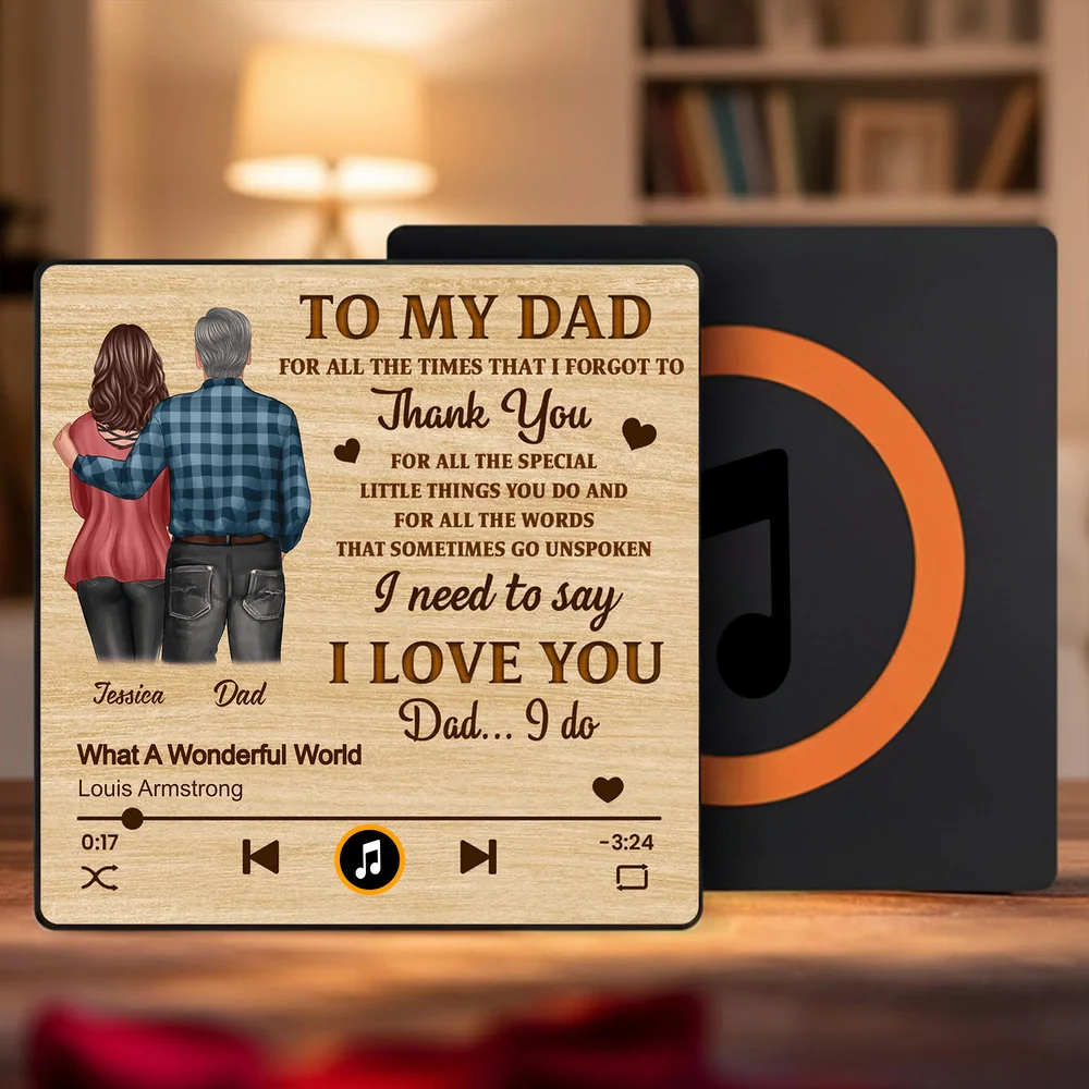 Personalized Acrylic Music Magnet Play Button Style, Hugging Couple Back View, Thank You Dad Message, Unique Gift for Dad