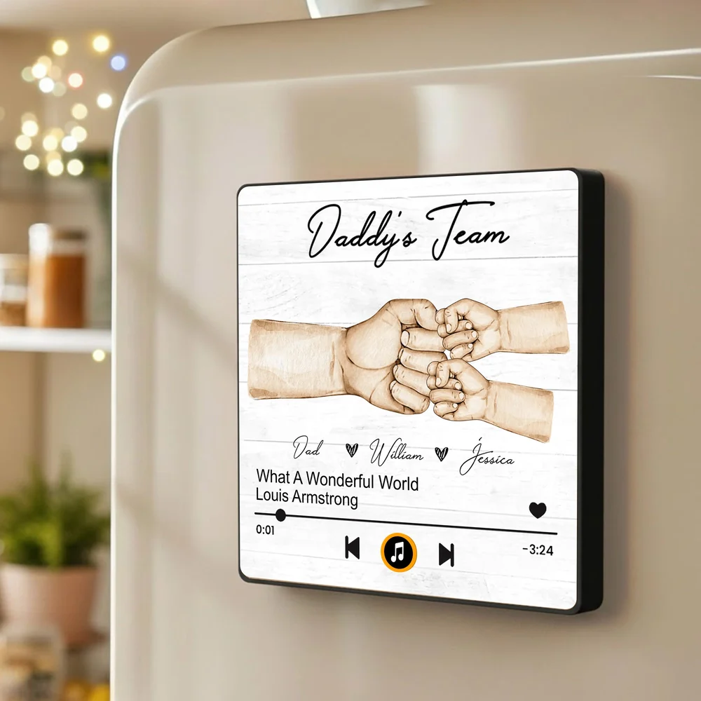 Personalized Acrylic Music Magnet with Daddy's Team Hand Fist Bump - Unique Gift for Dad for Fridge Decor - Image 2