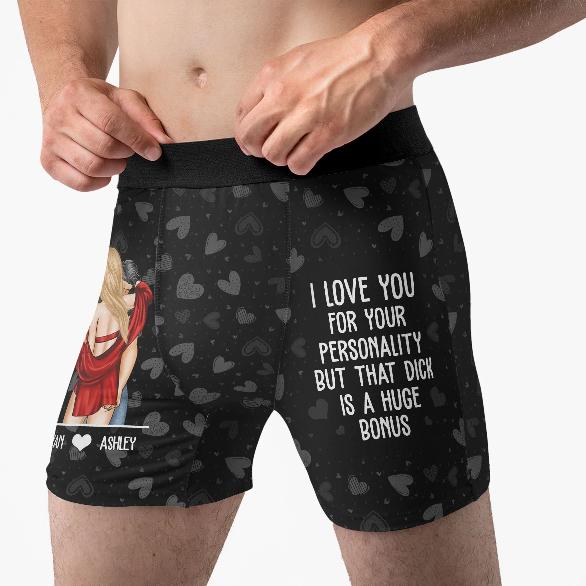 Personalized Men's Boxer Briefs with Funny Romantic Quote, Couple Hug Illustration, Unique Anniversary Gift - Image 3