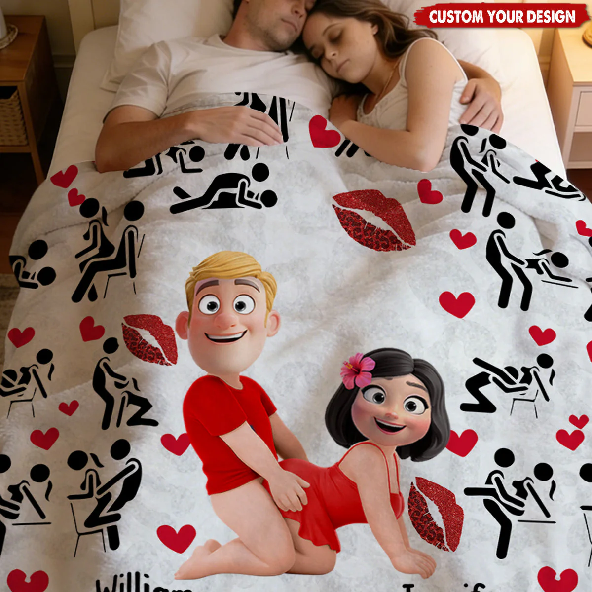 I Love You Personalized Fleece Blanket with Cute Couple Illustration, Lips and Hearts - Funny Sweet Gift for Partners - Image 2