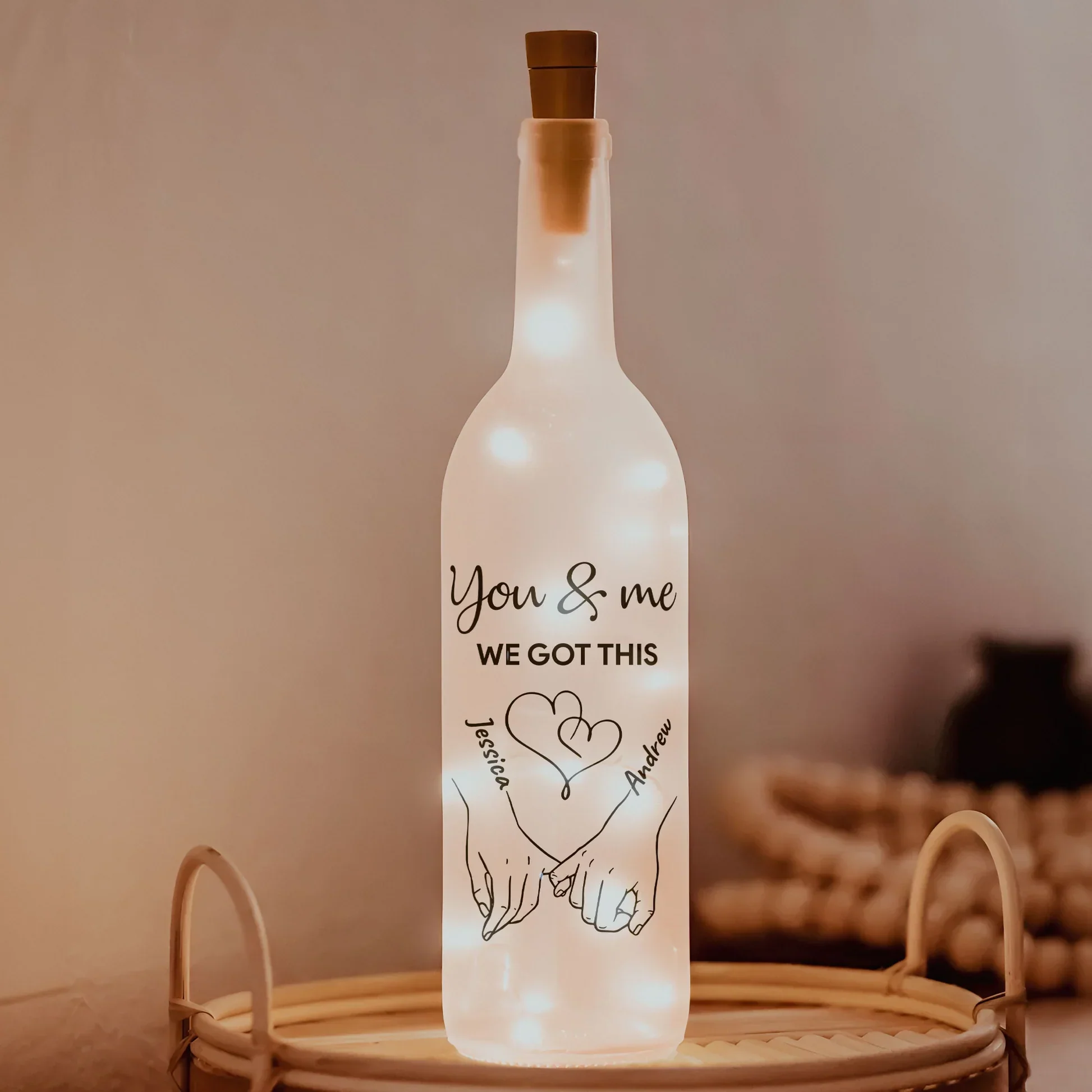 Personalized You & Me Bottle Lamp with Hand-Holding Line Art for Bedroom Decor Warm Glow Unique Gift for Couples - Image 3