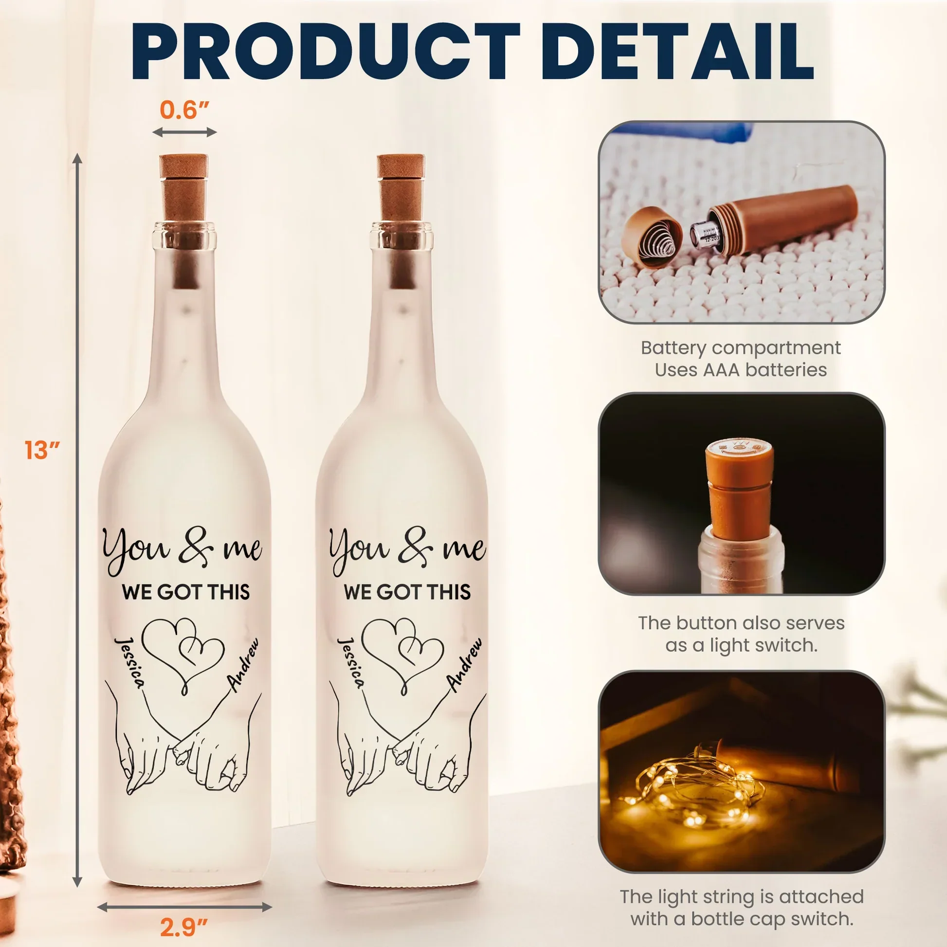 Personalized You & Me Bottle Lamp with Hand-Holding Line Art for Bedroom Decor Warm Glow Unique Gift for Couples - Image 4