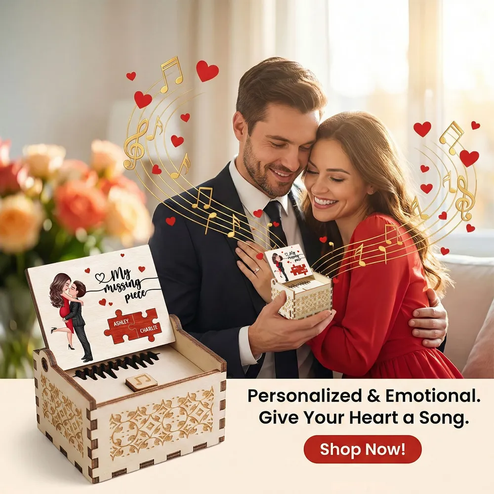 Personalized Wooden Music Box With Couple Kissing Illustration Romantic Keepsake Gift For Him Or Her - Image 9