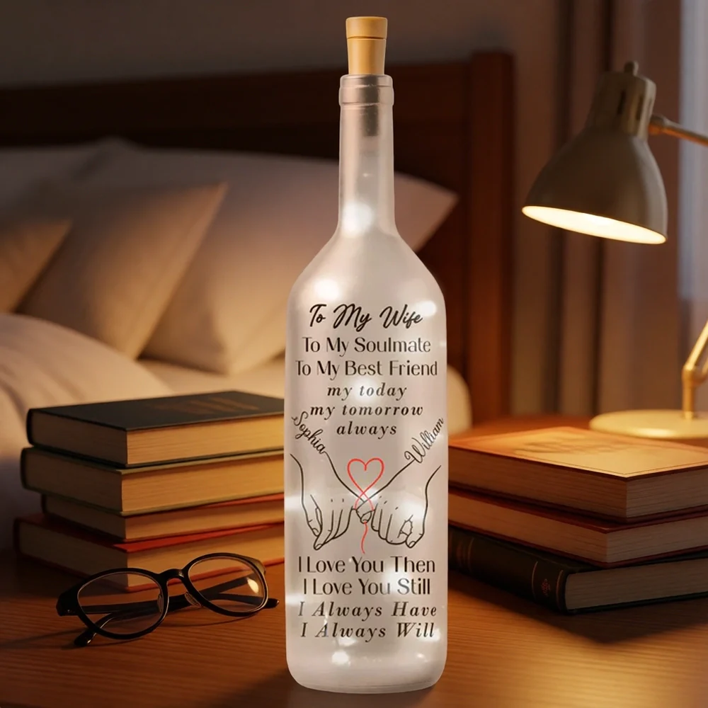 Personalized Bottle Lamp for Wife with Love Quote and Holding Hands Design, Warm Glow Bedroom Decor, Unique Romantic Gift