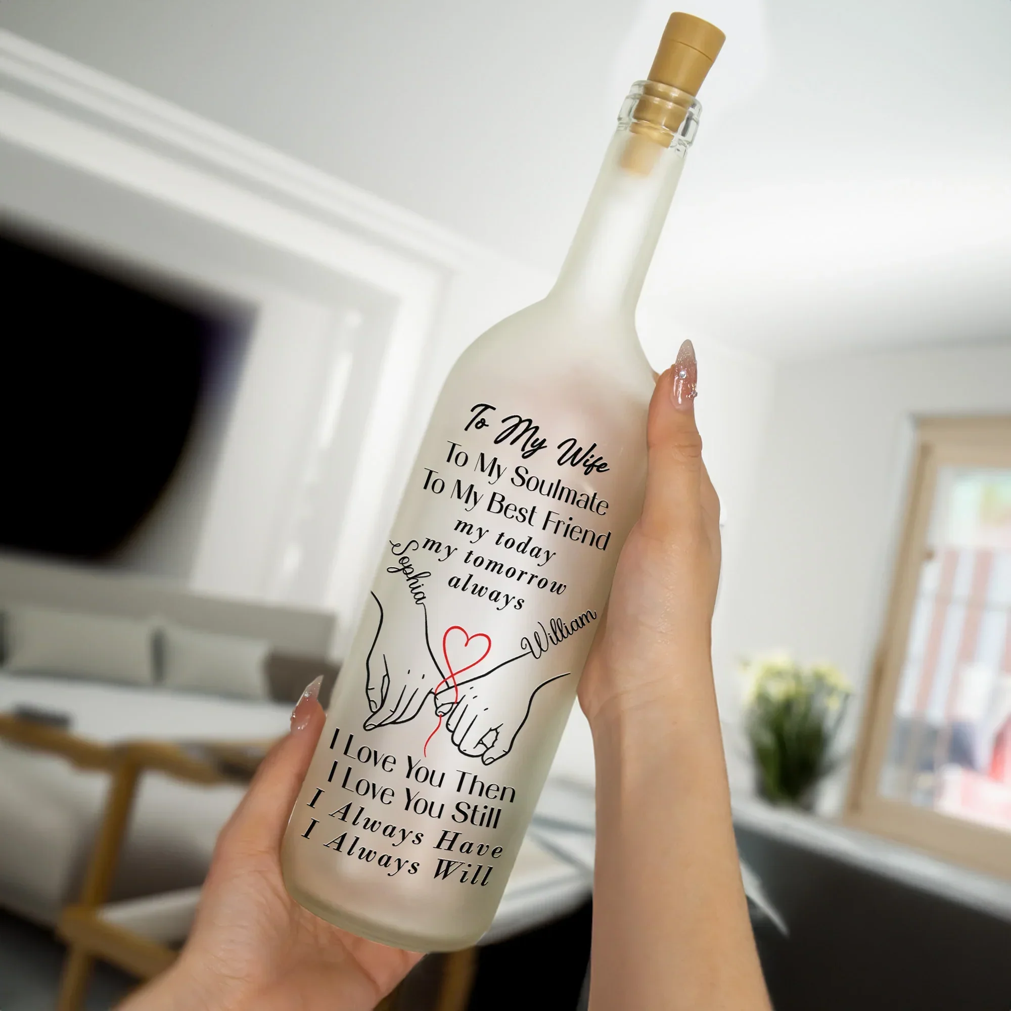 Personalized Bottle Lamp for Wife with Love Quote and Holding Hands Design, Warm Glow Bedroom Decor, Unique Romantic Gift - Image 2