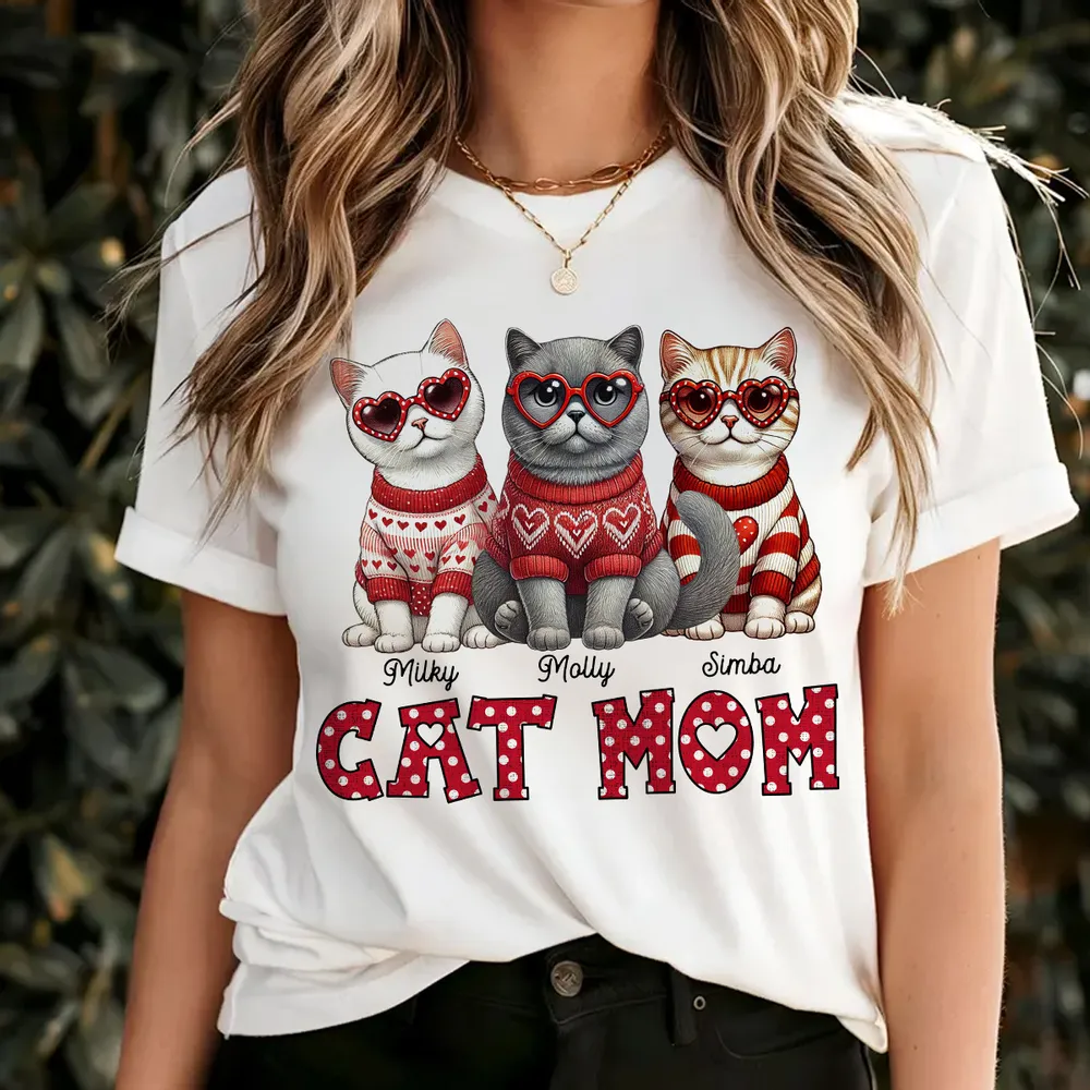 Cat Mom Classic Tee Personalized with Your Cats' Look, Sweet Heart Theme Shirt, Thoughtful Unique Gift for Her - Image 2