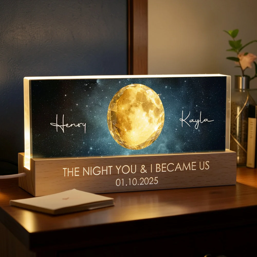 Personalized Moon Phase Block LED Light Plaque for Couple - Starry Night Bedside Decor, Unique Anniversary Gift