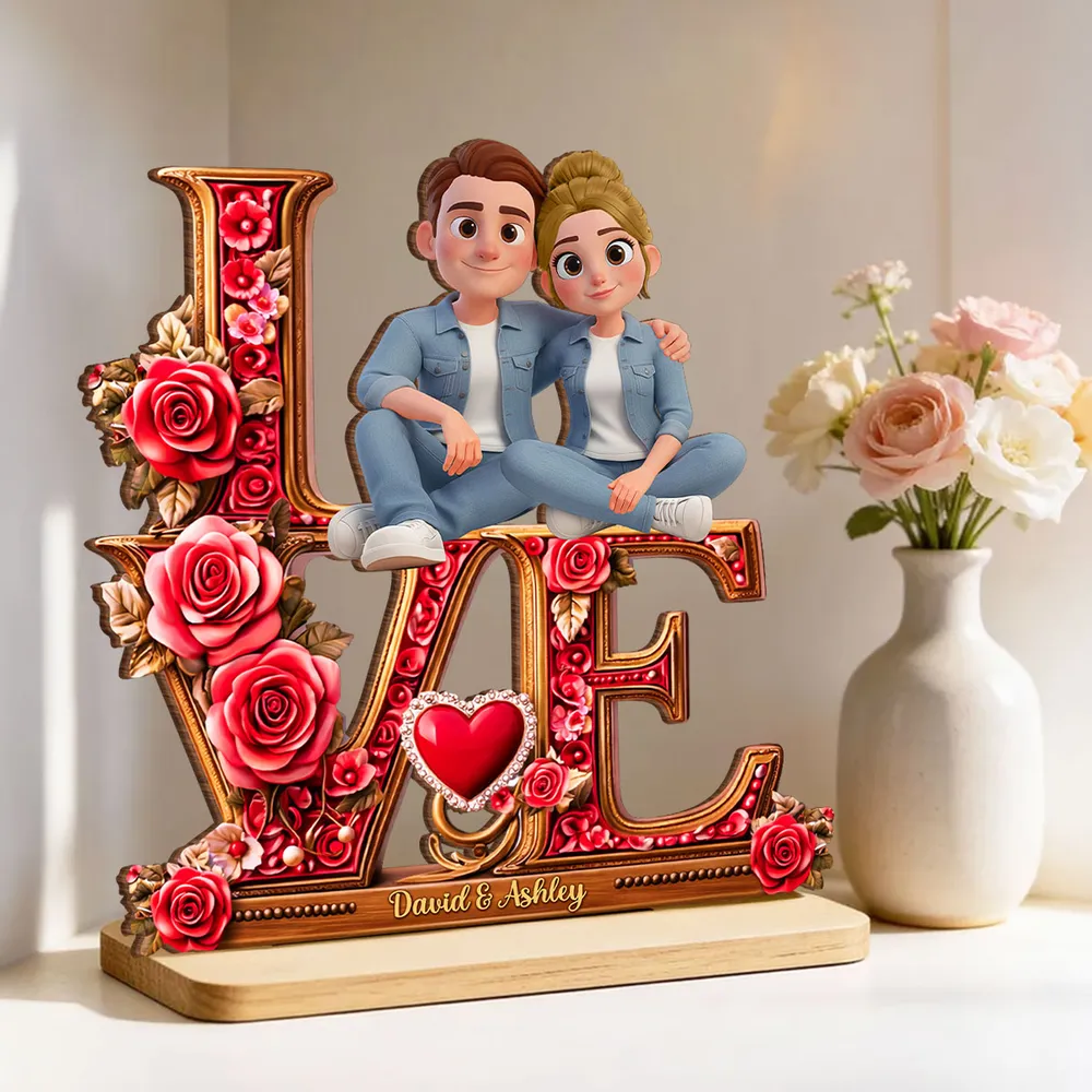 Personalized 2-Layer Wooden Plaque with Cartoon Couple Sitting on LOVE Roses - Unique Romantic Gift for Her or Him - Image 5