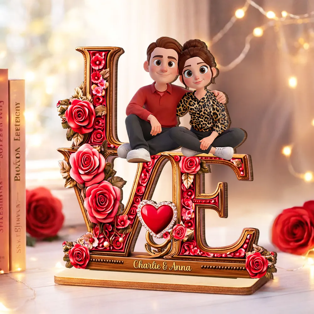 Personalized 2-Layer Wooden Plaque with Cartoon Couple Sitting on LOVE Roses - Unique Romantic Gift for Her or Him - Image 6