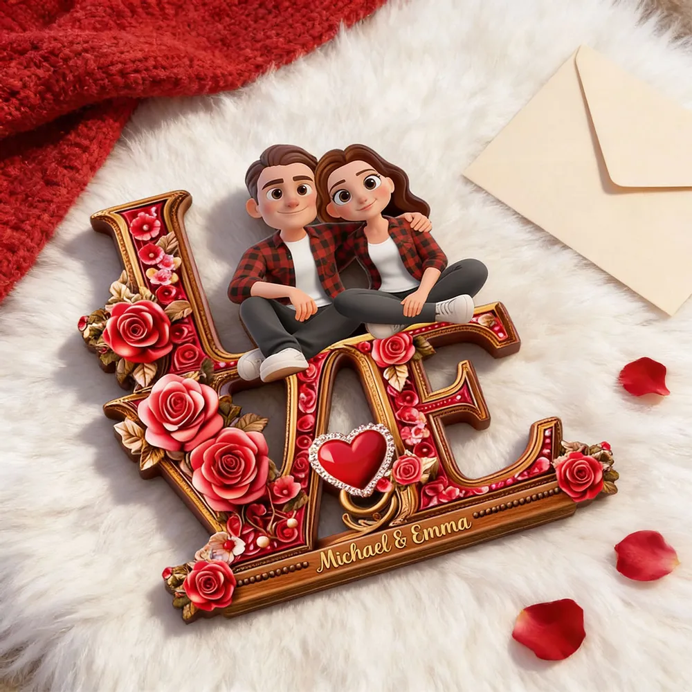 Personalized 2-Layer Wooden Plaque with Cartoon Couple Sitting on LOVE Roses - Unique Romantic Gift for Her or Him - Image 8